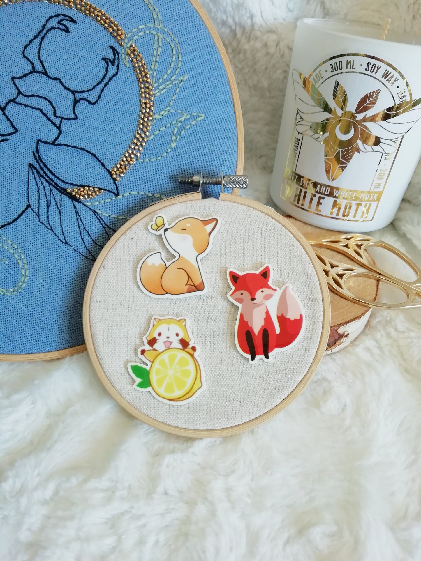 Magnetic needle holder / needle minder "Red panda and lemon", "Fox" or "Fox and butterfly"