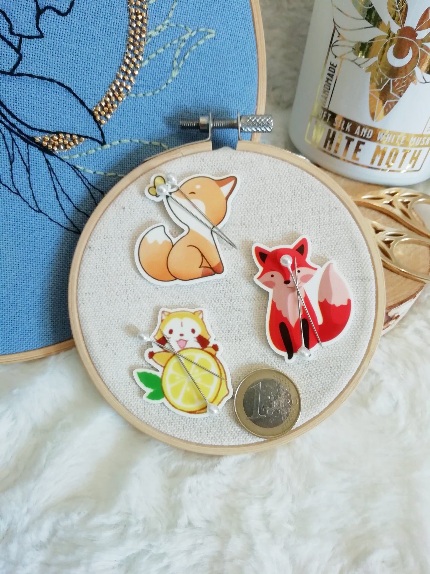 Magnetic needle holder / needle minder "Red panda and lemon", "Fox" or "Fox and butterfly"