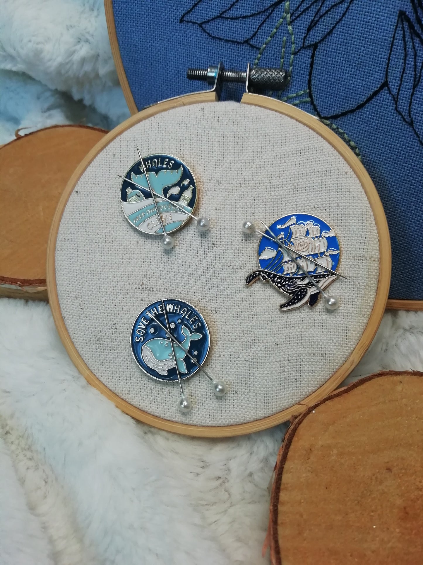 Magnetic needle holder for embroidery "Save the whales", "Oceans clean" and "Whale boat"