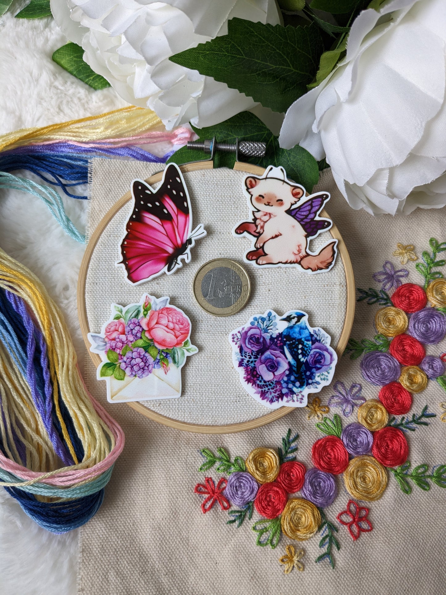 Magnetic needle holder / needle minder "Envelope and peony", "Fairy ferret", "Pink butterfly" or "Bird and flowers"