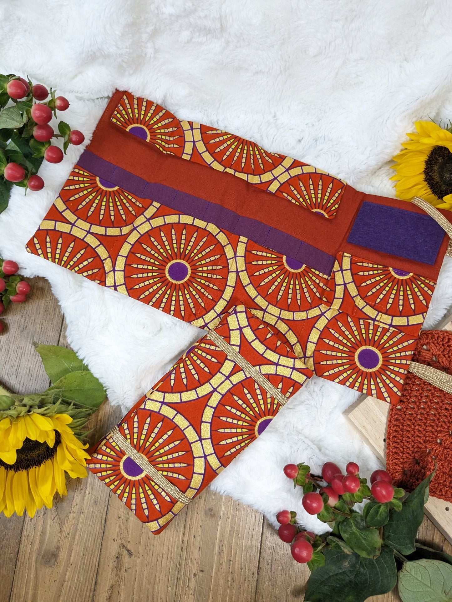 Pochette de rangement aiguilles circulaires amovibles ou crochets tunisiens motif "Wax rouille et or"