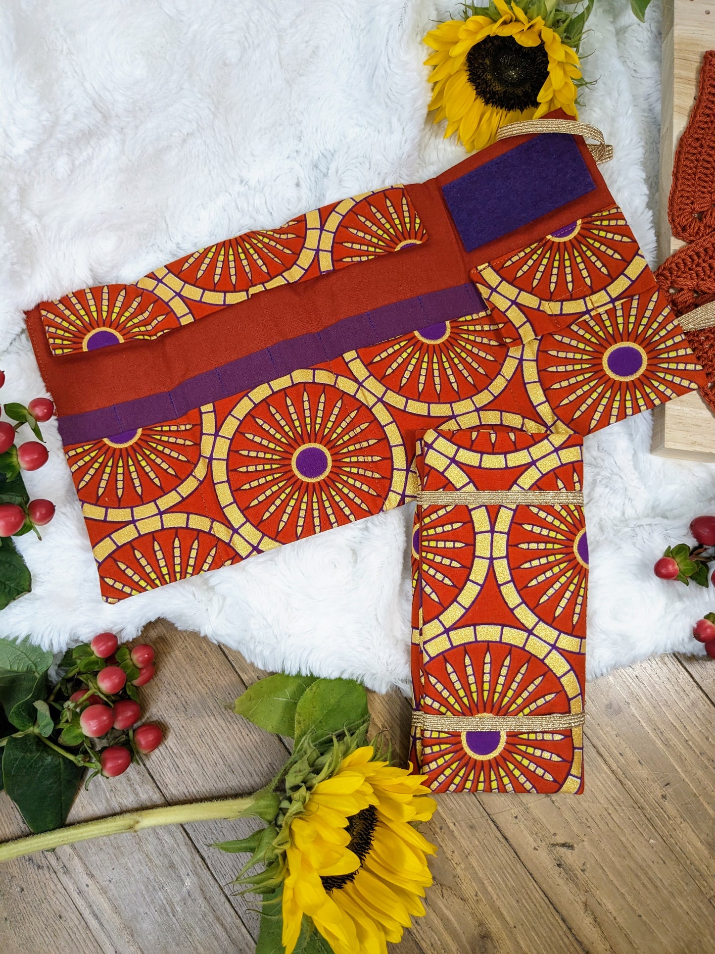 Pochette de rangement aiguilles circulaires amovibles ou crochets tunisiens motif "Wax rouille et or"