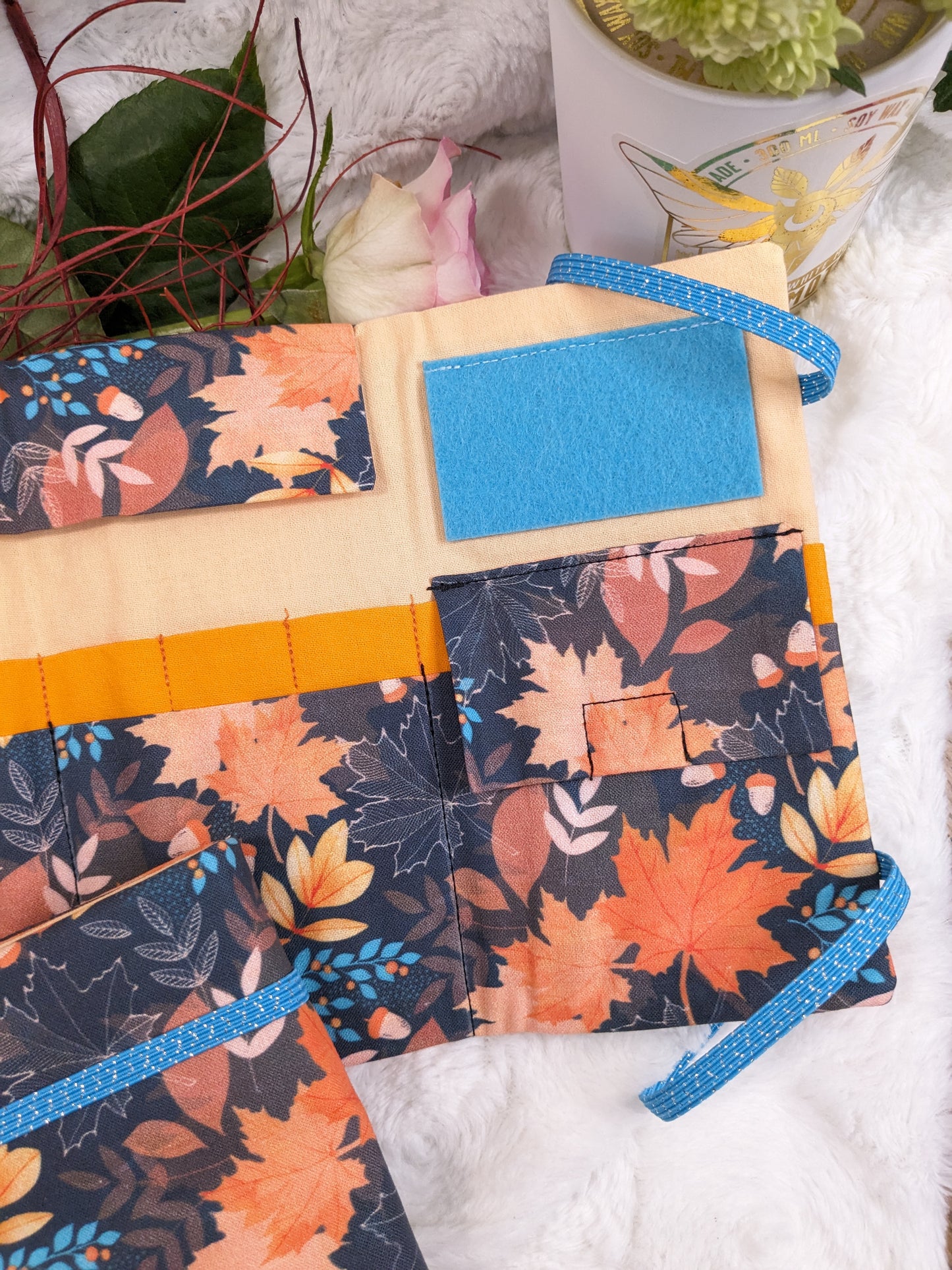 Pochette de rangement aiguilles circulaires amovibles ou crochets tunisiens motif "Feuilles d'automne"