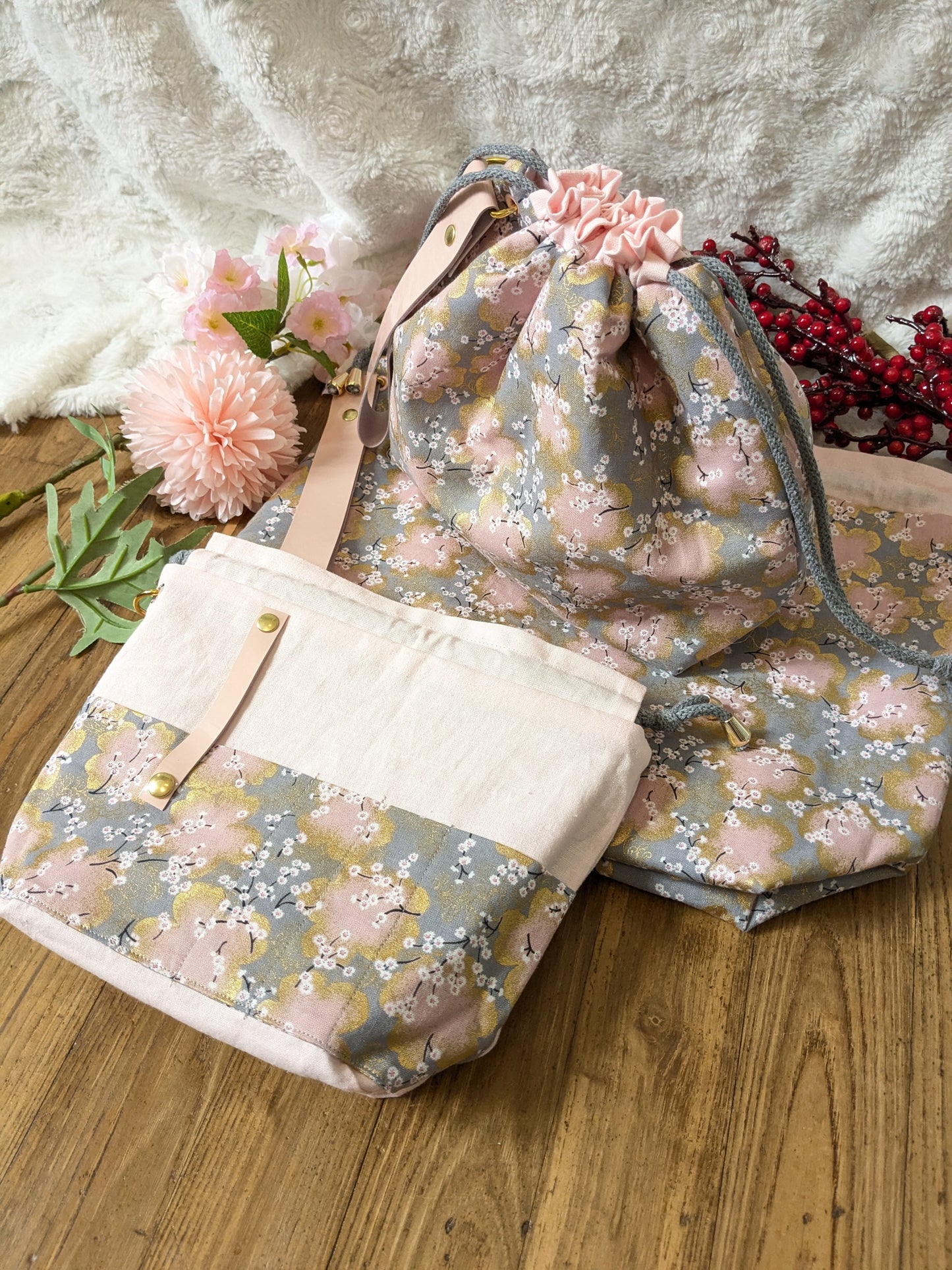 Sac à projet "Minis Sakura roses et grises"