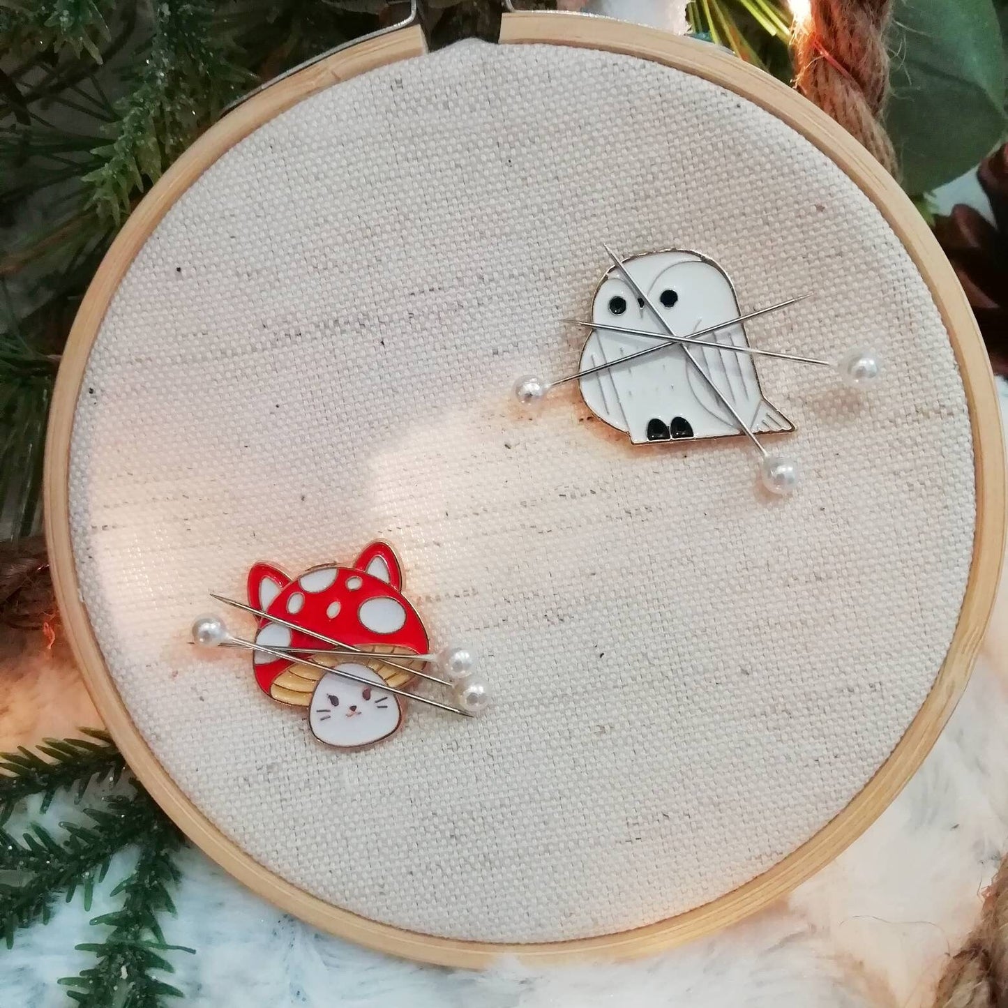 Magnetic needle holder / needle minder "White owl" and "Shroom cat"