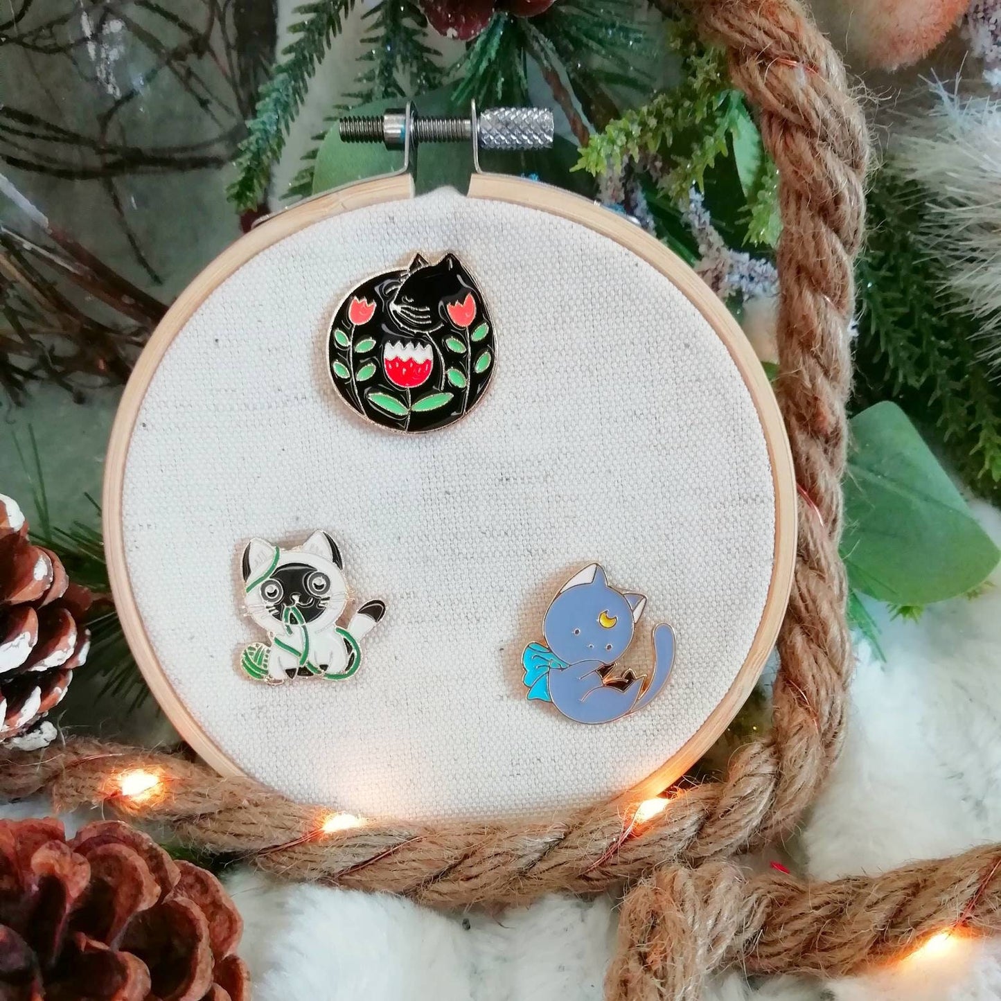 Magnetic needle holder or needle minder "Cat and ball", "Grey cat", "Black flowered cat"
