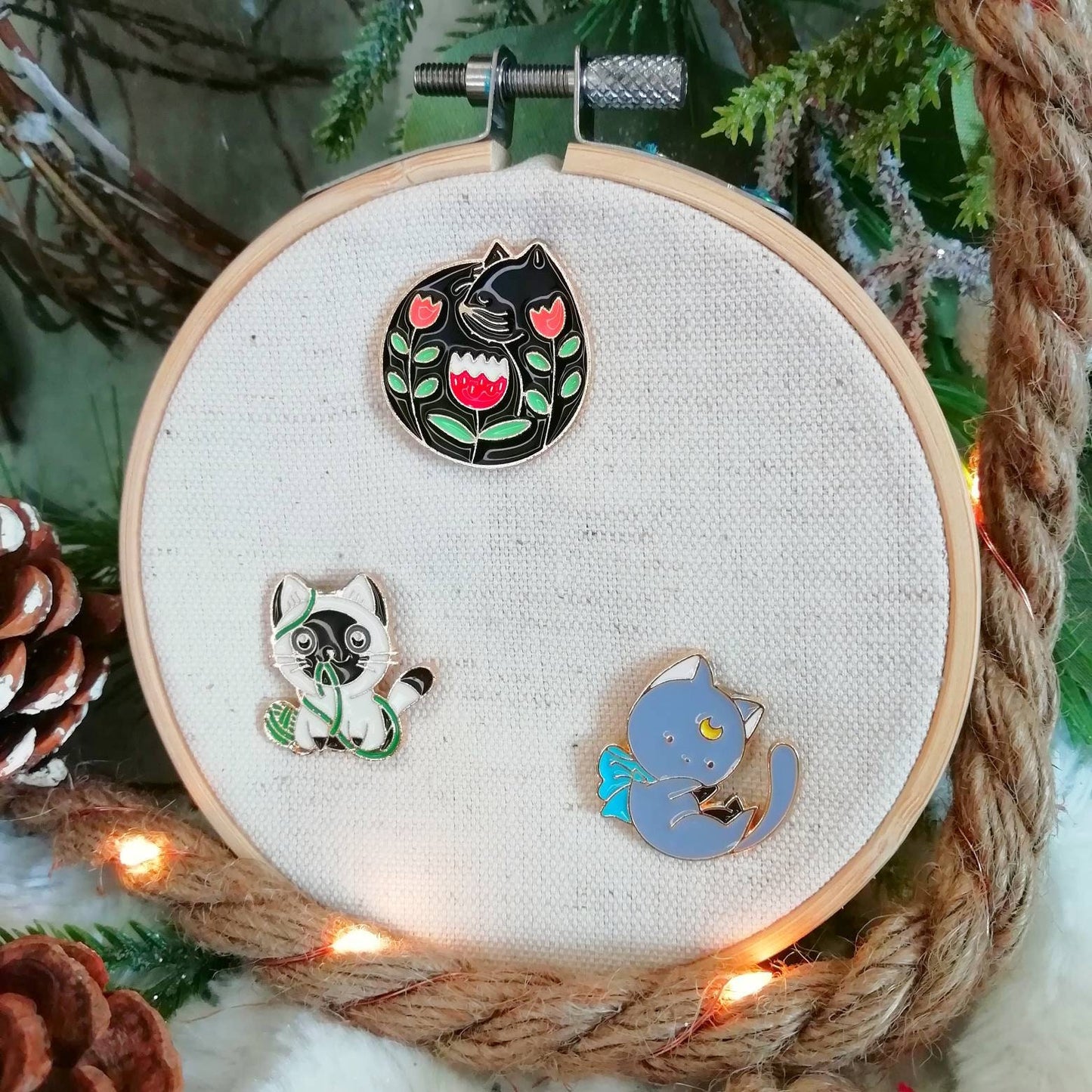 Magnetic needle holder or needle minder "Cat and ball", "Grey cat", "Black flowered cat"