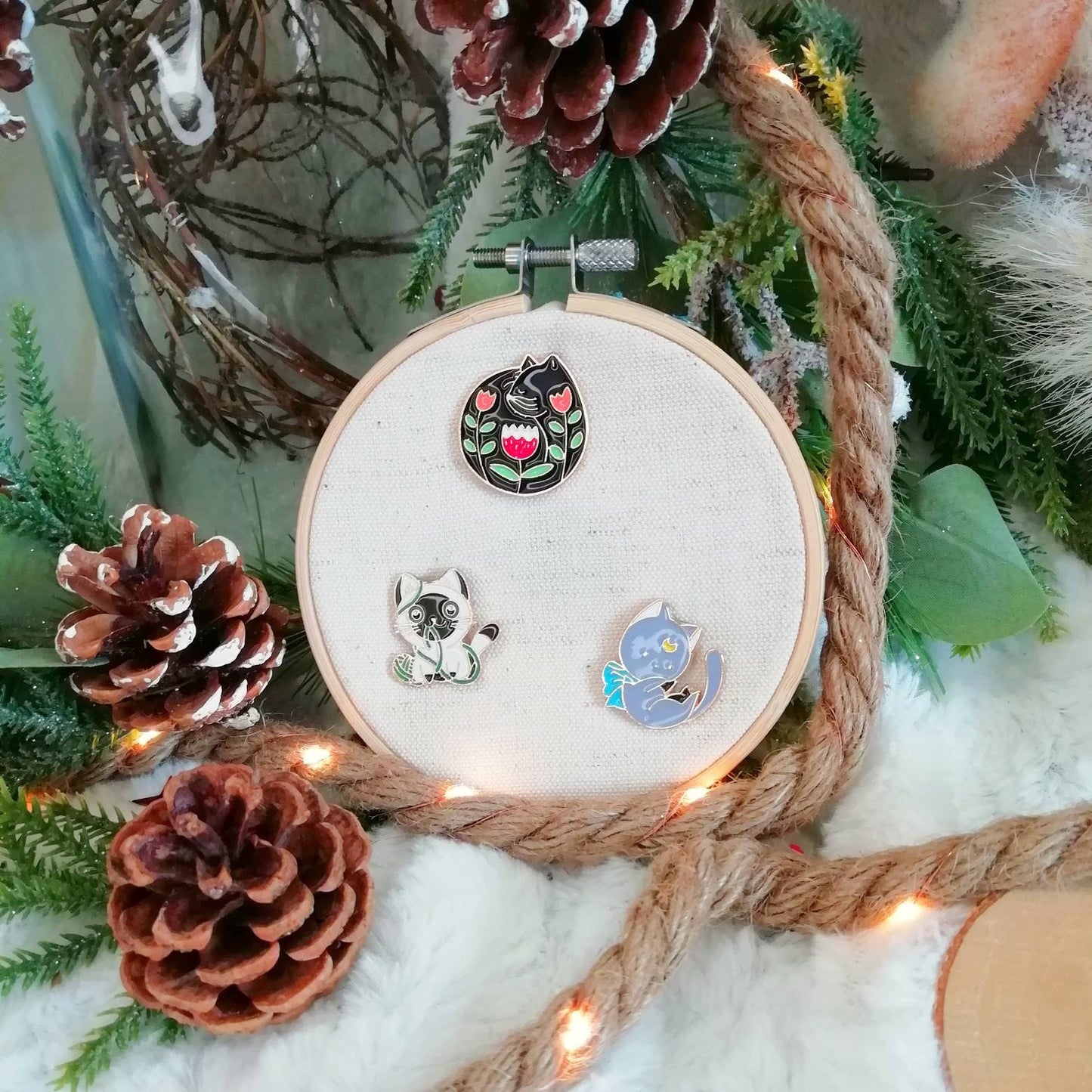 Magnetic needle holder or needle minder "Cat and ball", "Grey cat", "Black flowered cat"