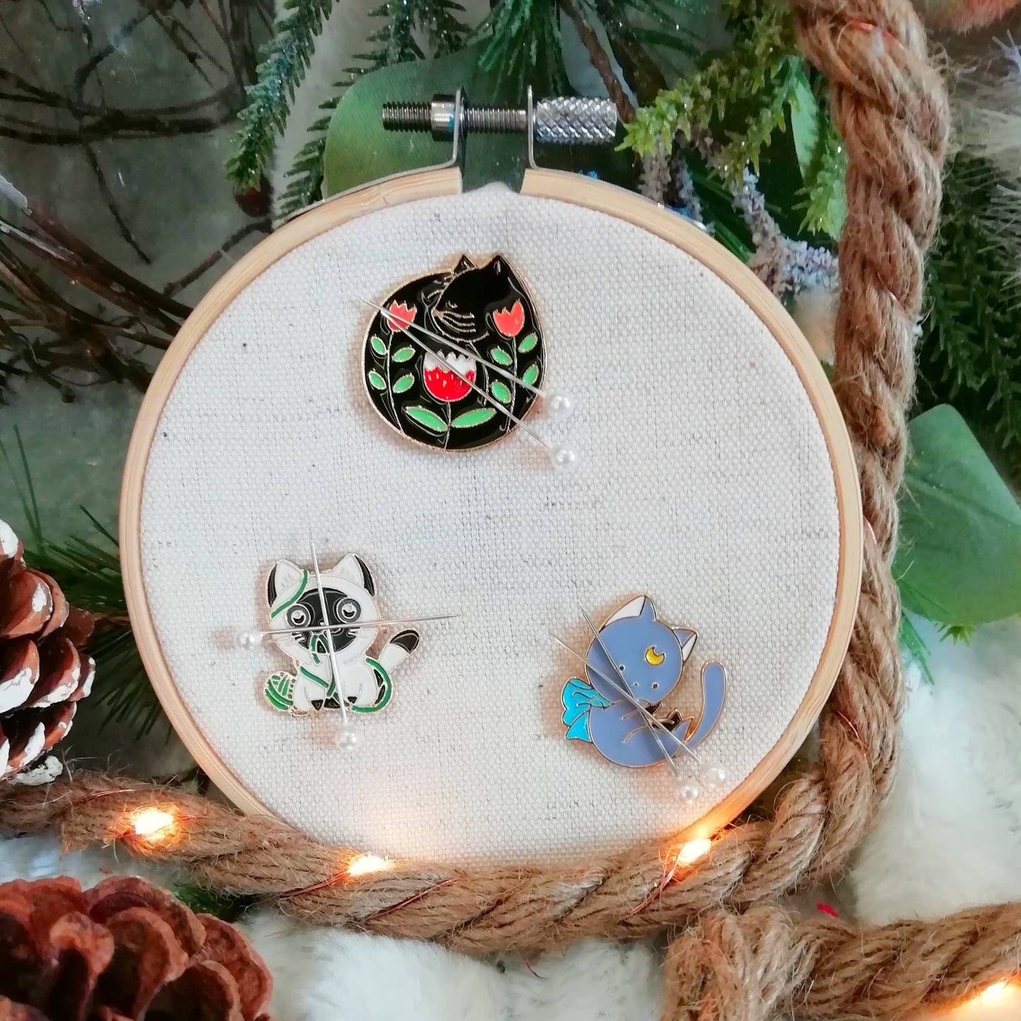 Magnetic needle holder or needle minder "Cat and ball", "Grey cat", "Black flowered cat"