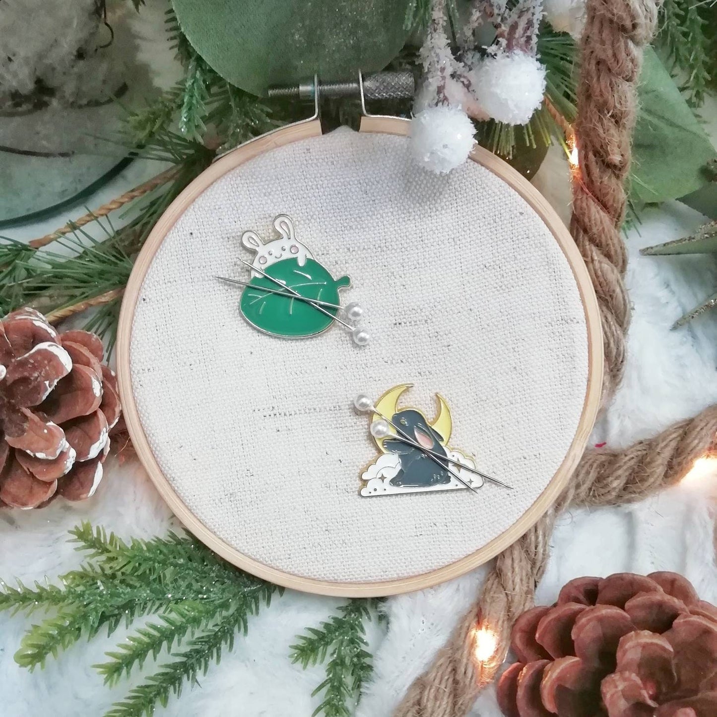 Magnetic needle holder / needle minder "Rabbit and leaf", "Rabbit and moon"