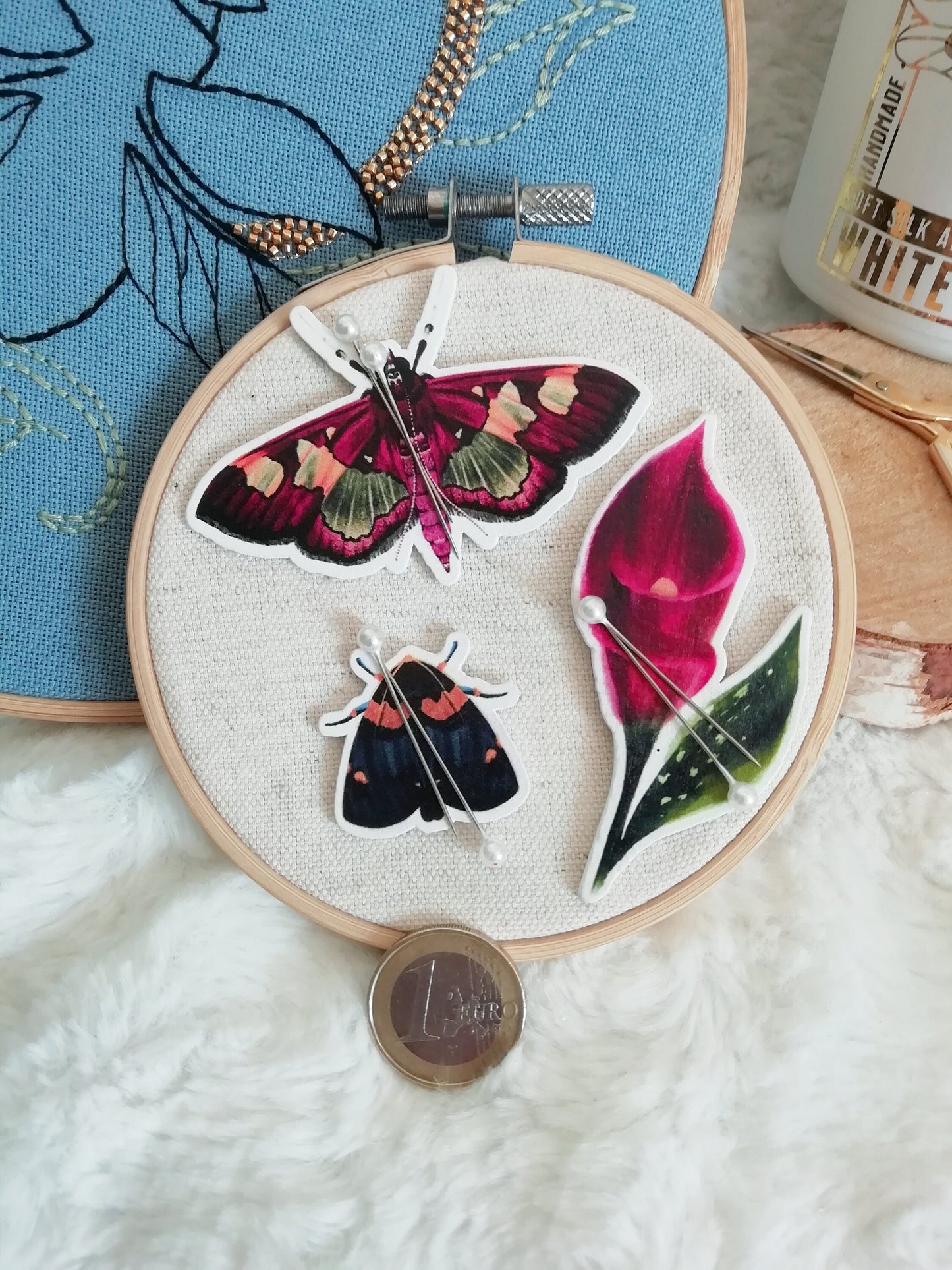 Magnetic needle holder / needle minder "Pink butterfly", "Pink arum" or "Moth"
