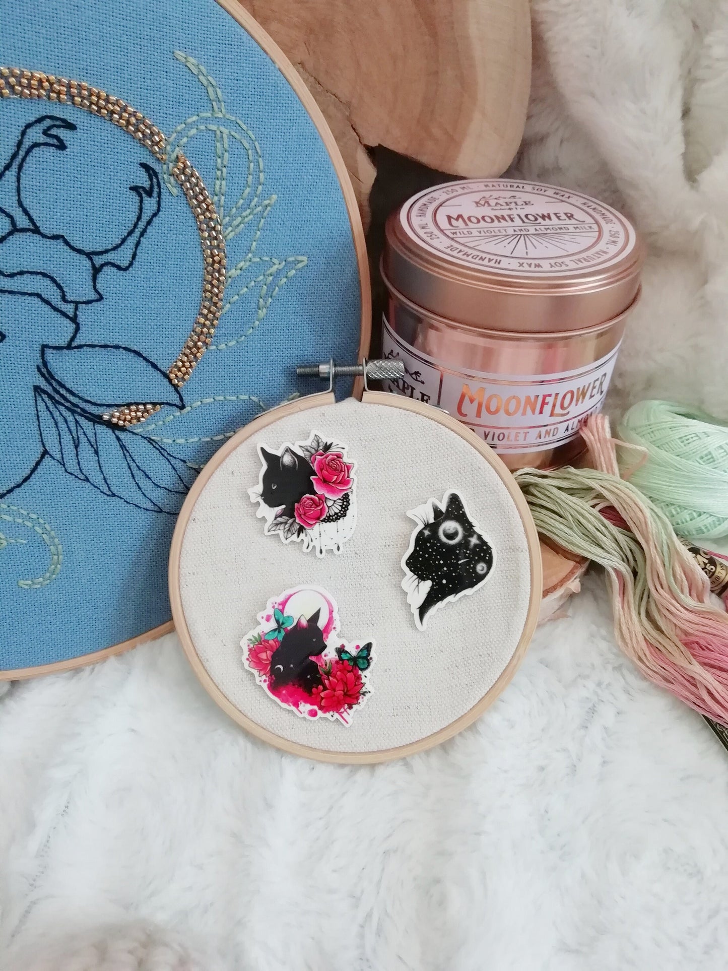 Magnetic needle holder / needle minder "Galaxy cat", "Cat and roses" or "Cat and moon"