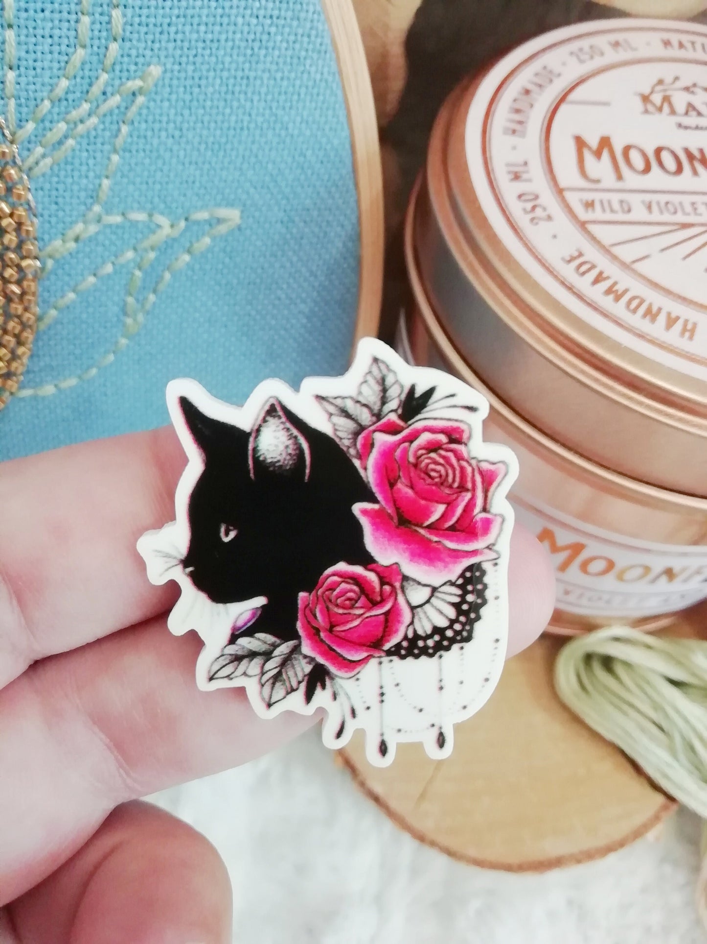 Magnetic needle holder / needle minder "Galaxy cat", "Cat and roses" or "Cat and moon"