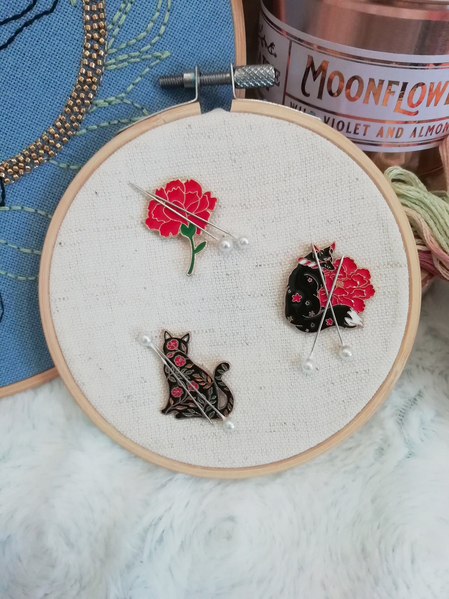 Magnetic needle holder for embroidery "Red peony", "Kitsune", "Flower cat"