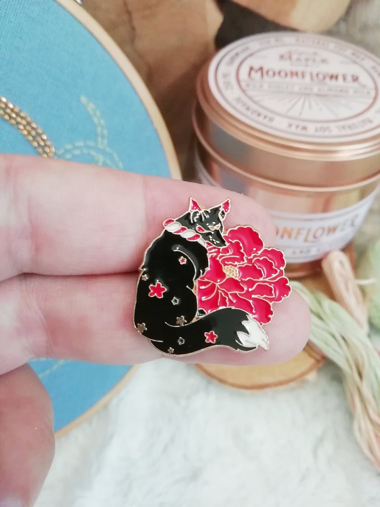 Magnetic needle holder for embroidery "Red peony", "Kitsune", "Flower cat"