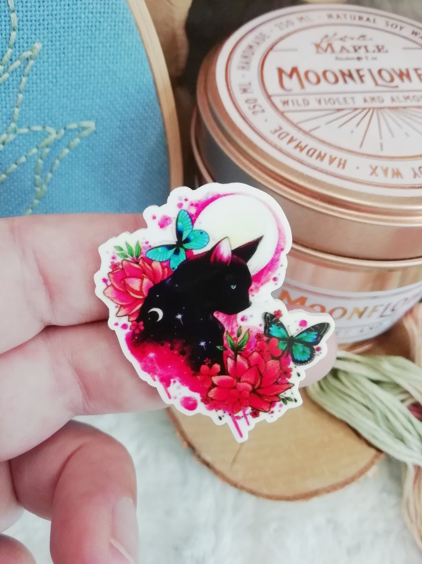 Magnetic needle holder / needle minder "Galaxy cat", "Cat and roses" or "Cat and moon"