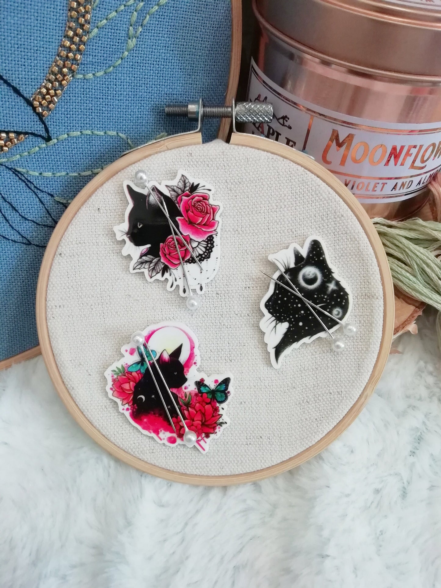 Magnetic needle holder / needle minder "Galaxy cat", "Cat and roses" or "Cat and moon"