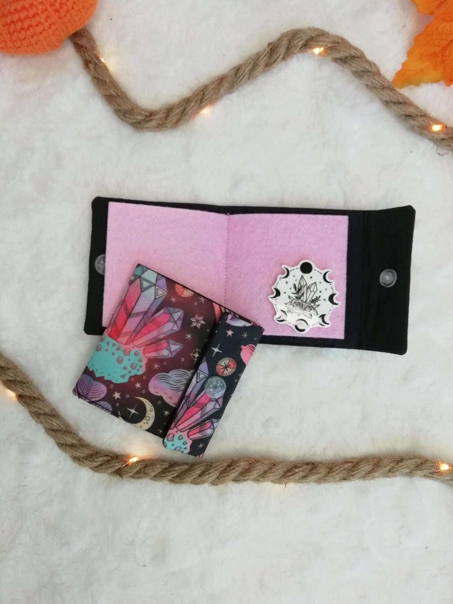 Needlepoint notebook / travel needle holder "Stars and moons", "Bats and peonies" and "Crystals"