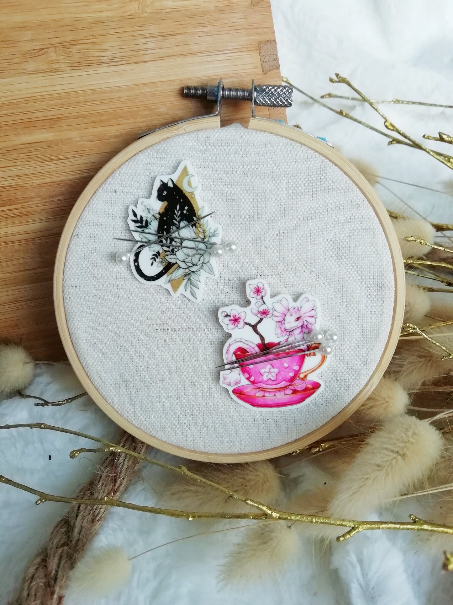 Magnetic needle holder / needle minder "Dragon tea", "Cat and peony"
