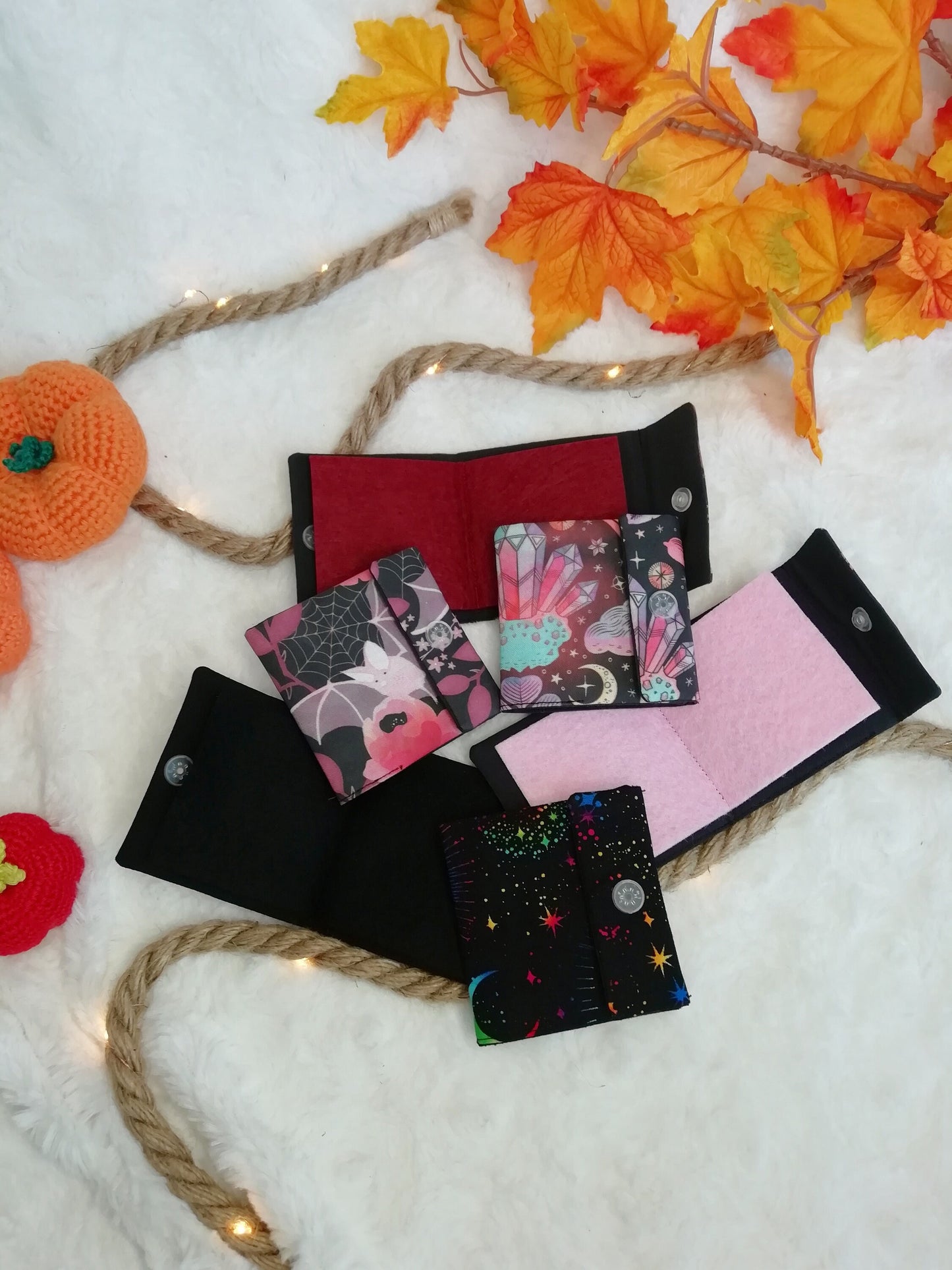 Needlepoint notebook / travel needle holder "Stars and moons", "Bats and peonies" and "Crystals"