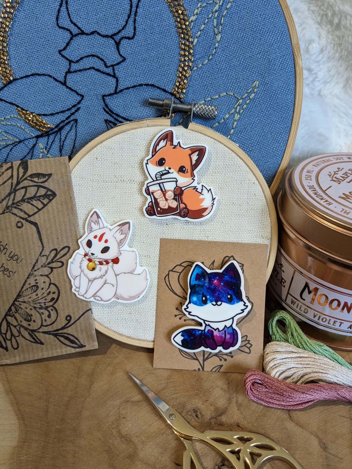 Magnetic needle holder / needle minder "White Kitsune", "Galaxy Fox" or "Fox and bubble tea"