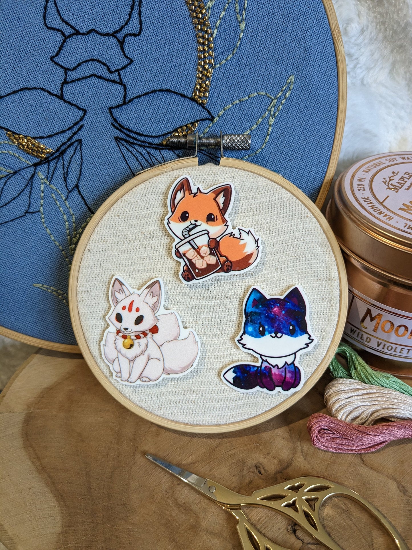 Magnetic needle holder / needle minder "White Kitsune", "Galaxy Fox" or "Fox and bubble tea"