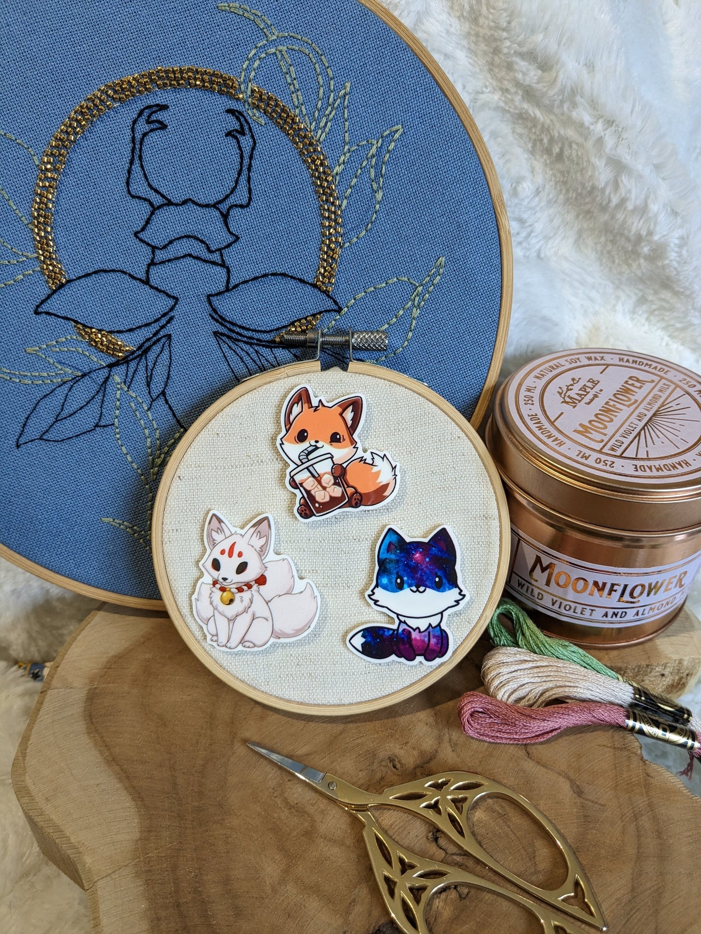 Magnetic needle holder / needle minder "White Kitsune", "Galaxy Fox" or "Fox and bubble tea"