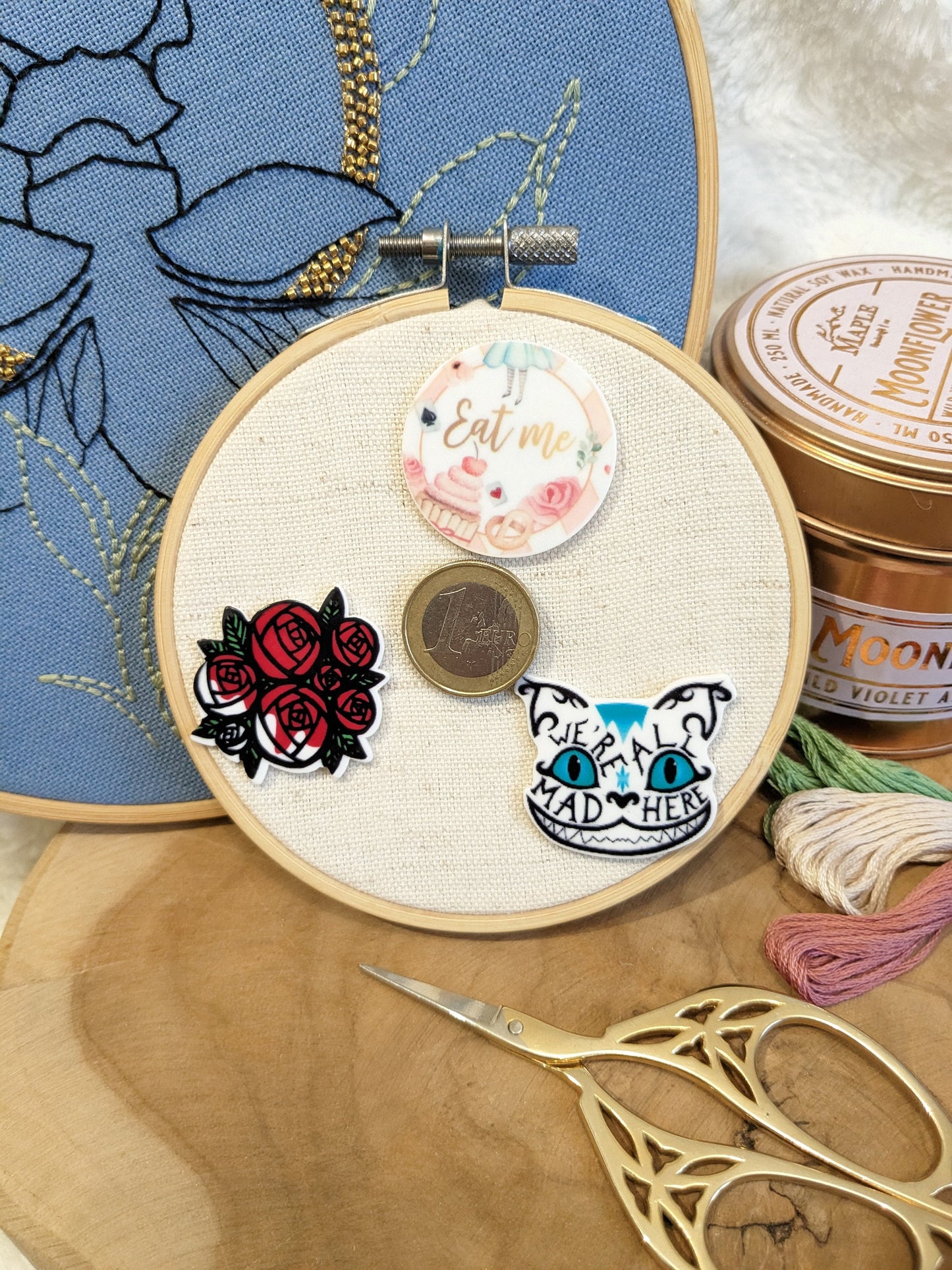 Magnetic needle holder / needle minder "Cheshire Cat", "Eat me" or "Red painted white roses"