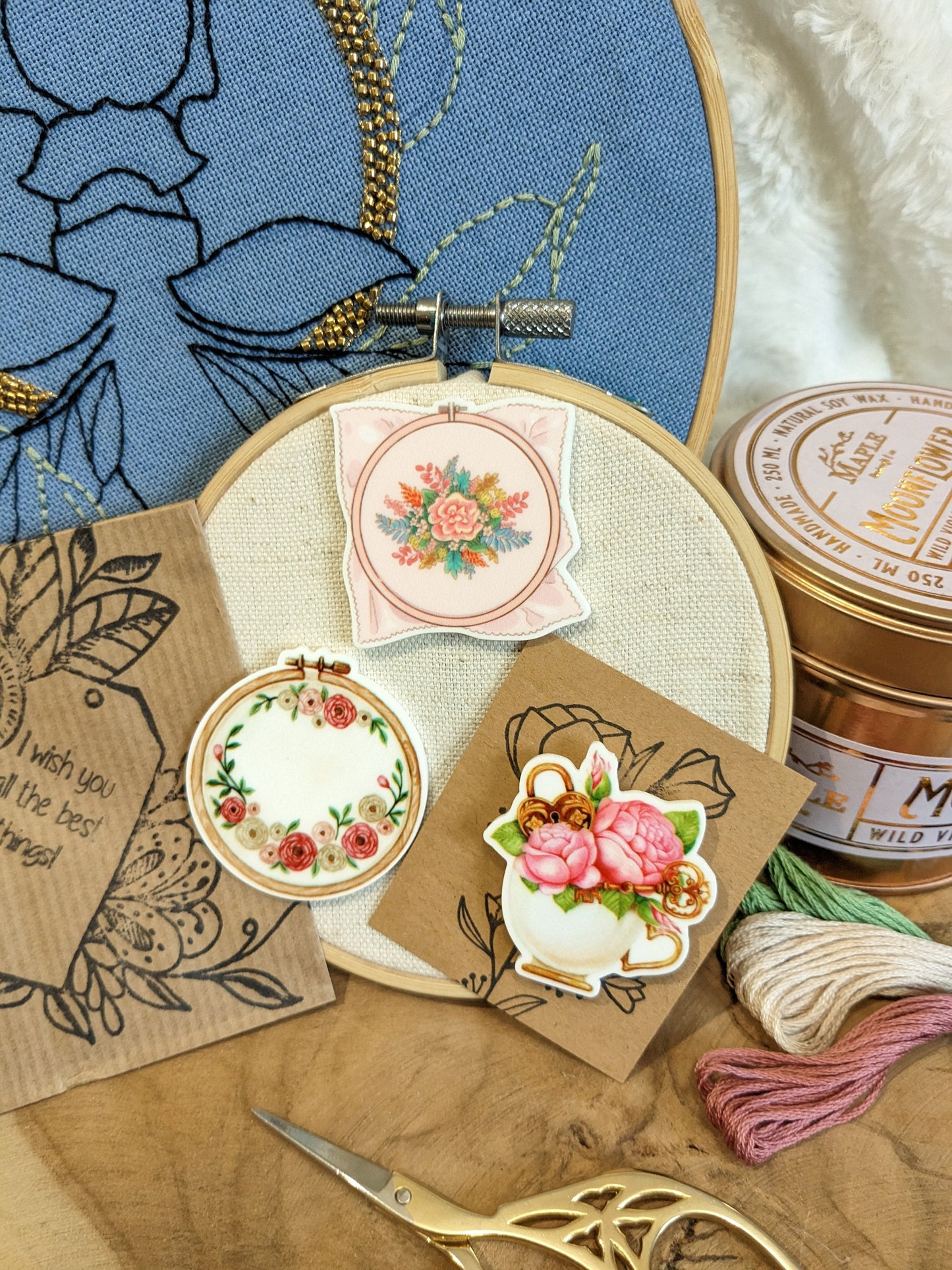 Magnetic needle holder / needle minder "Embroidered square", "Embroidery circle" or "Cup and peonies"