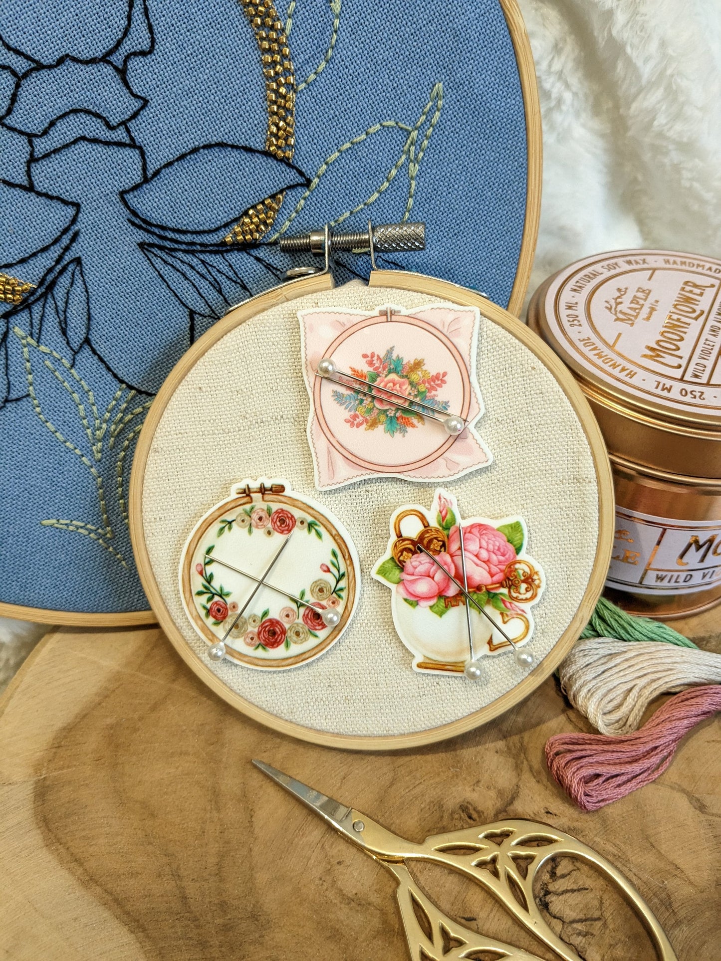 Magnetic needle holder / needle minder "Embroidered square", "Embroidery circle" or "Cup and peonies"