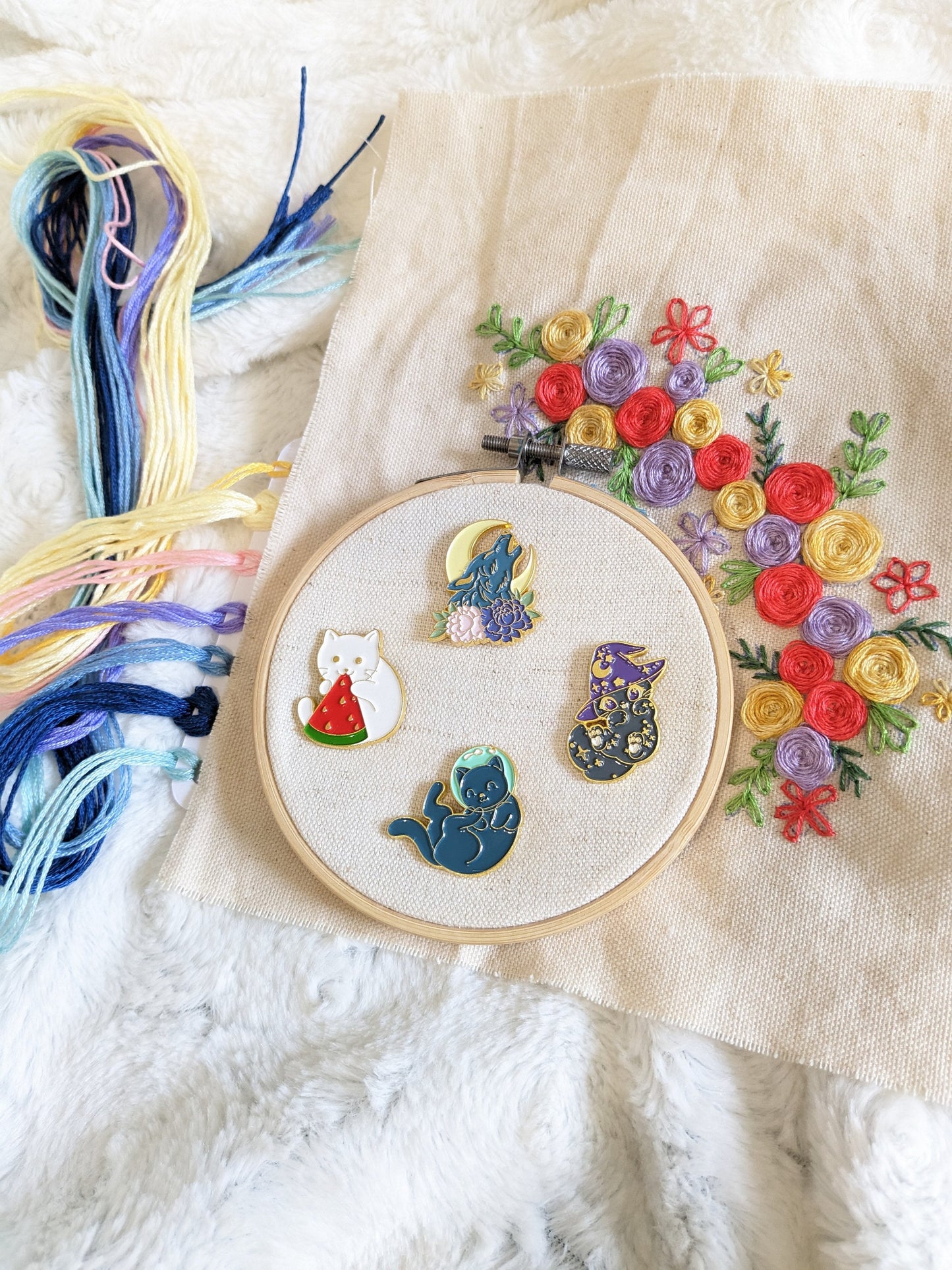 Magnetic needle holder / needle minder "Watermelon cat", "Wizard cat", "Wolf and moon" and "Astronaut cat"