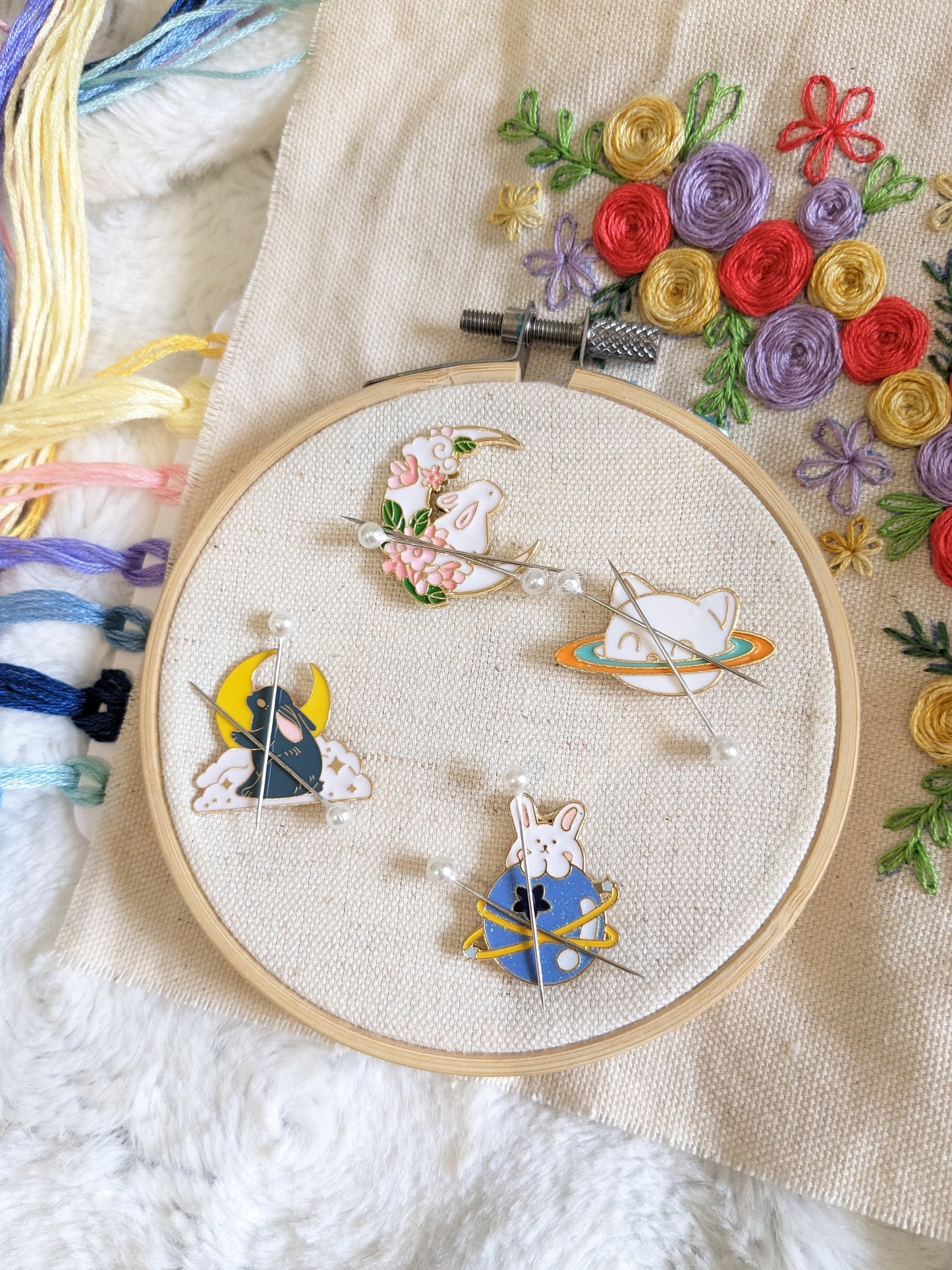 Magnetic needle holder for embroidery "White Rabbit and Moon", "Rabbit and Yellow Moon", "Planet Rabbit" and "Chaturne"