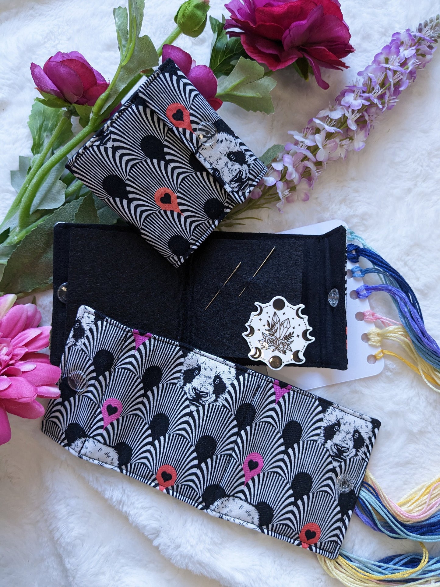 Needle stick notebook / travel needle holder "Flowers", "Graphic pandas and "I crochet so..."