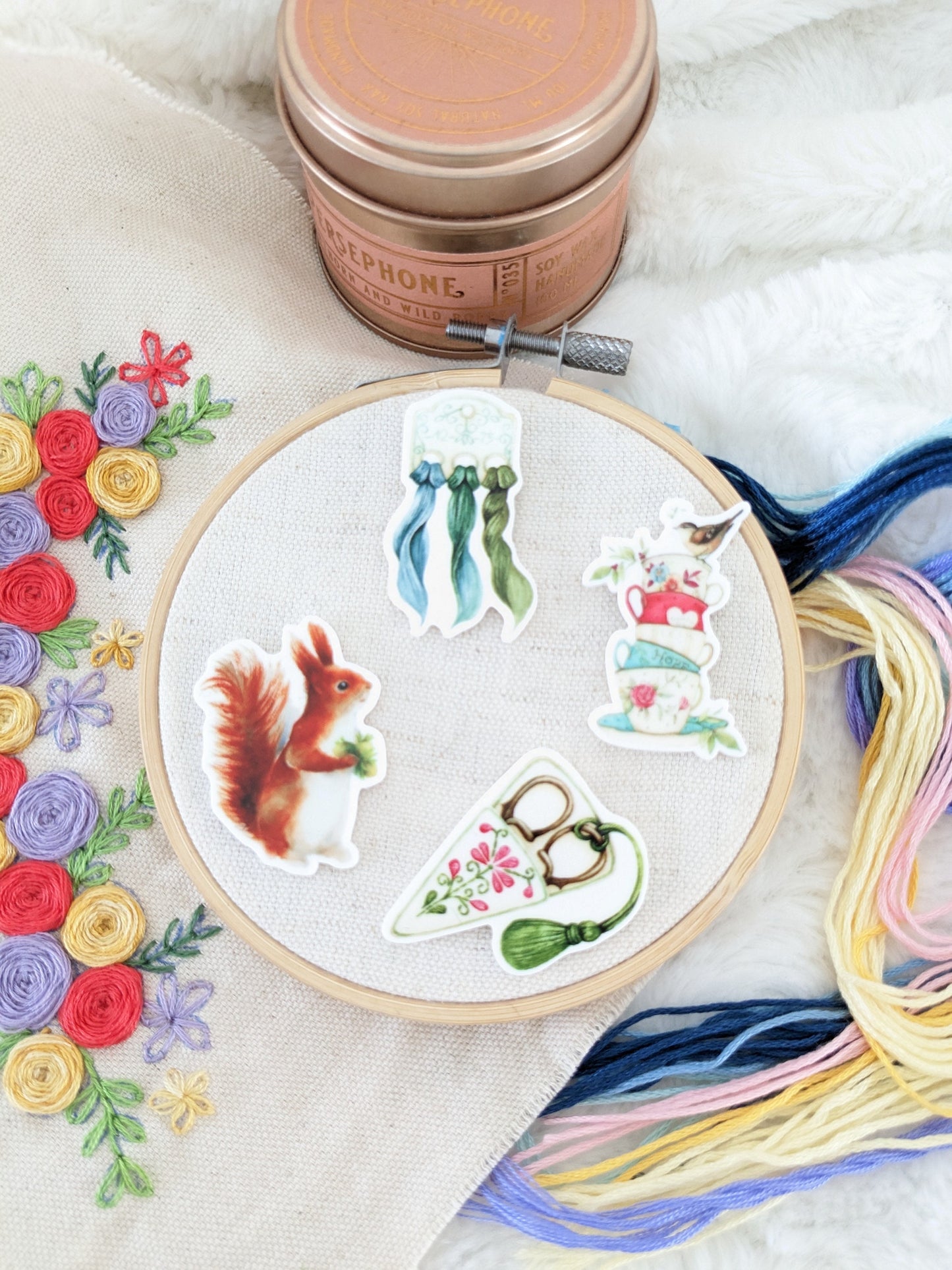 Magnetic needle holder / needle minder "Squirrel", "Embroidery scissors", "Embroidery threads" or "Bird and tea party"
