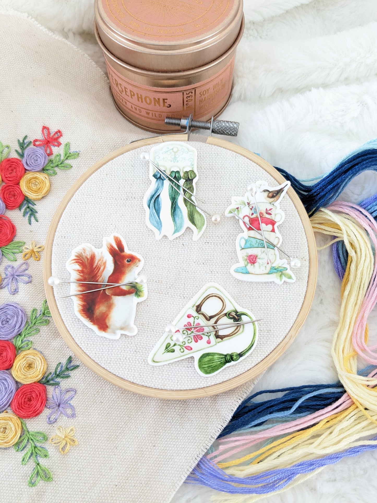 Magnetic needle holder / needle minder "Squirrel", "Embroidery scissors", "Embroidery threads" or "Bird and tea party"