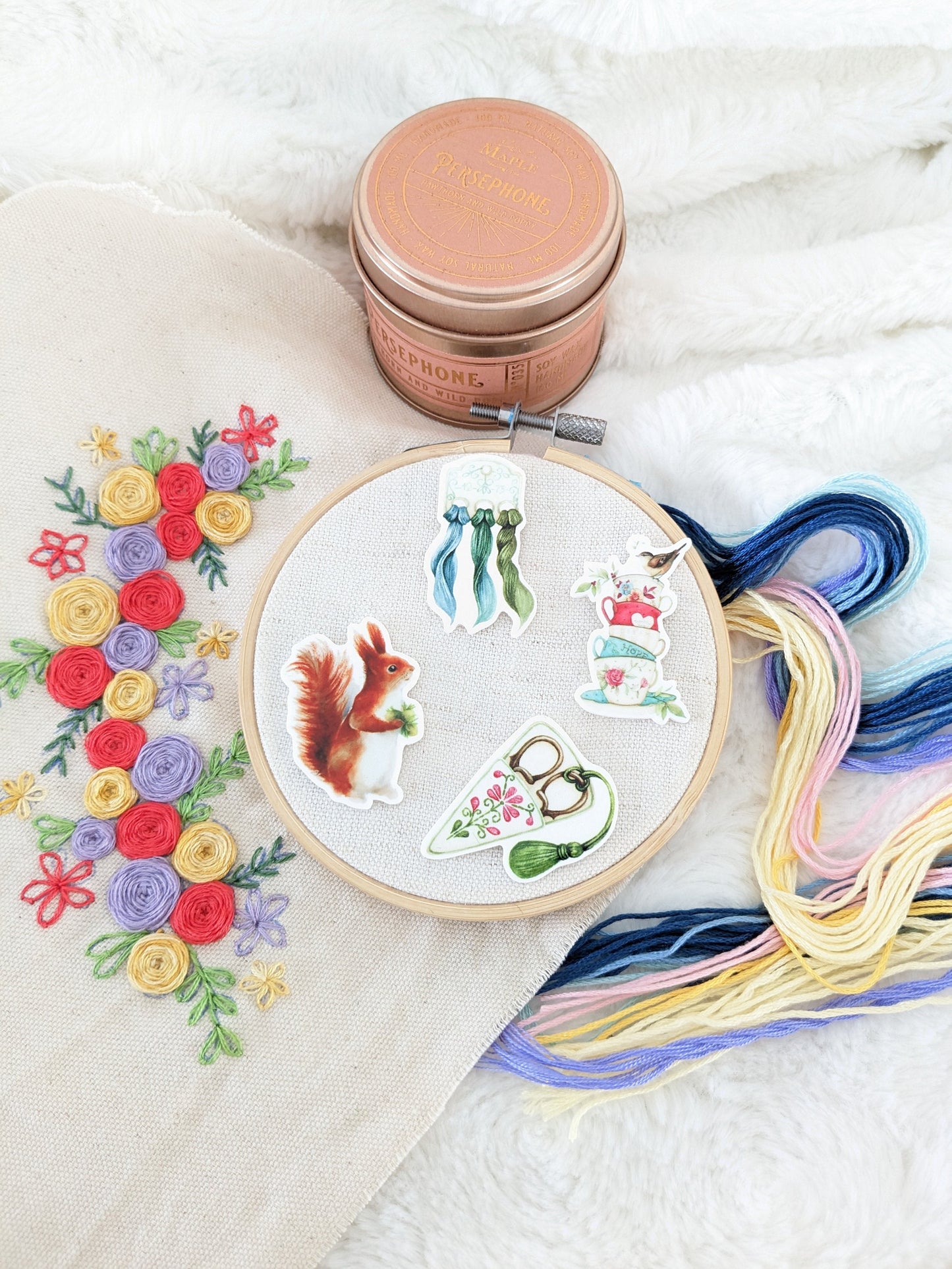 Magnetic needle holder / needle minder "Squirrel", "Embroidery scissors", "Embroidery threads" or "Bird and tea party"