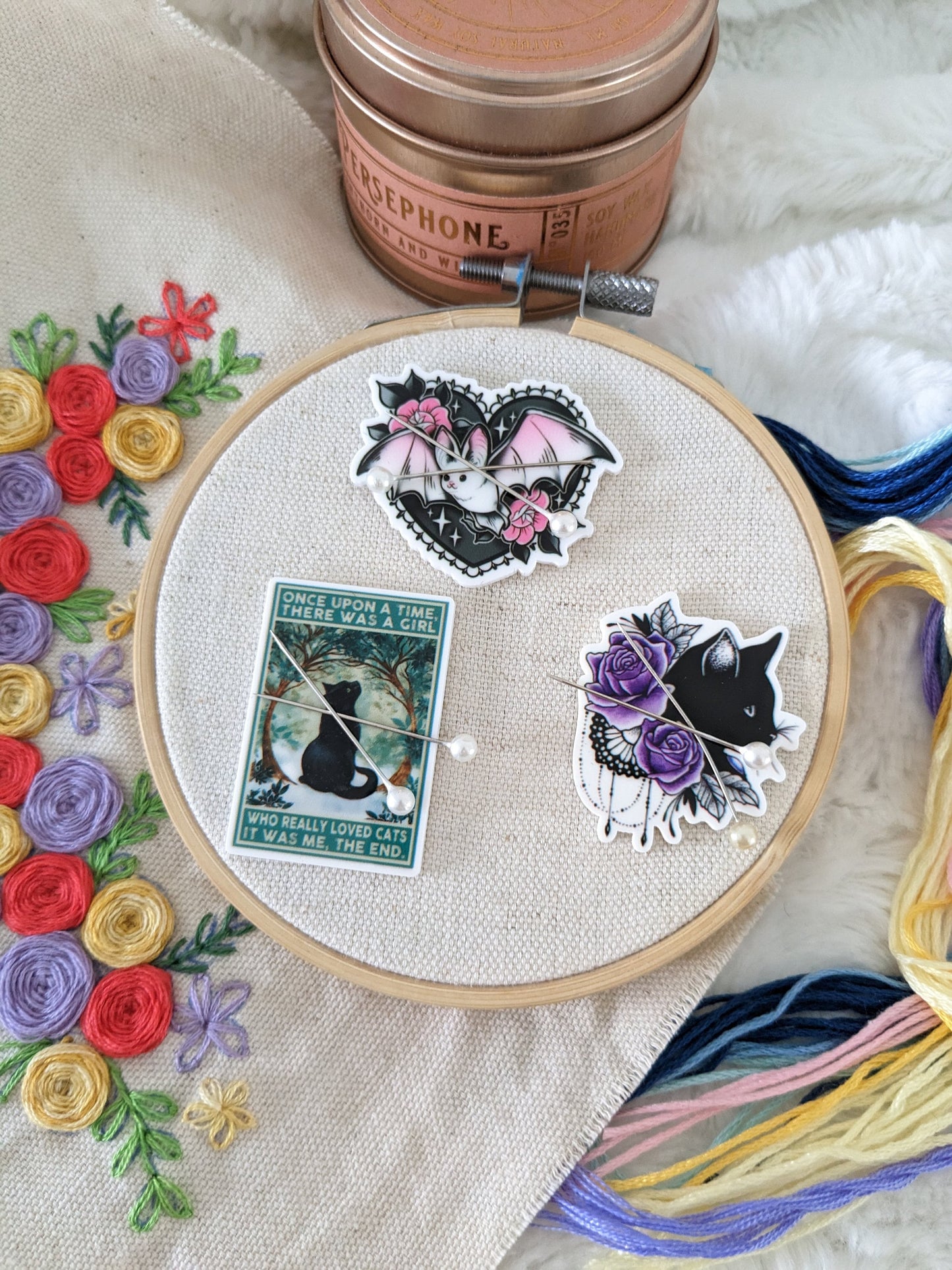 Magnetic needle holder / needle minder "Black cat poster", "Cat and purple flowers" or "Bat"
