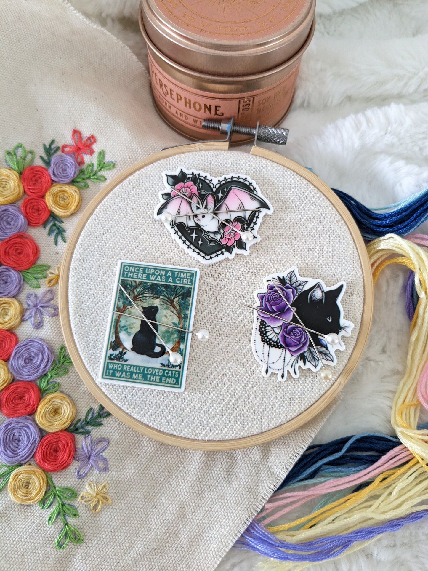 Magnetic needle holder / needle minder "Black cat poster", "Cat and purple flowers" or "Bat"