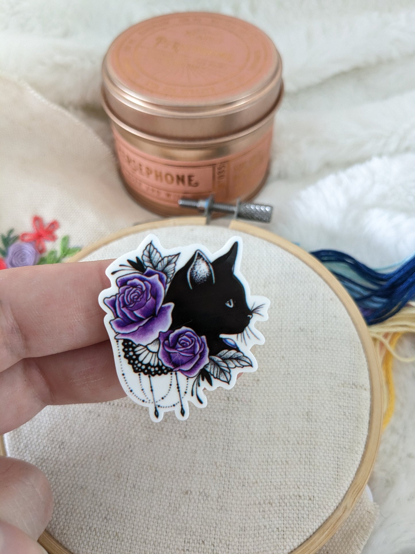 Magnetic needle holder / needle minder "Black cat poster", "Cat and purple flowers" or "Bat"