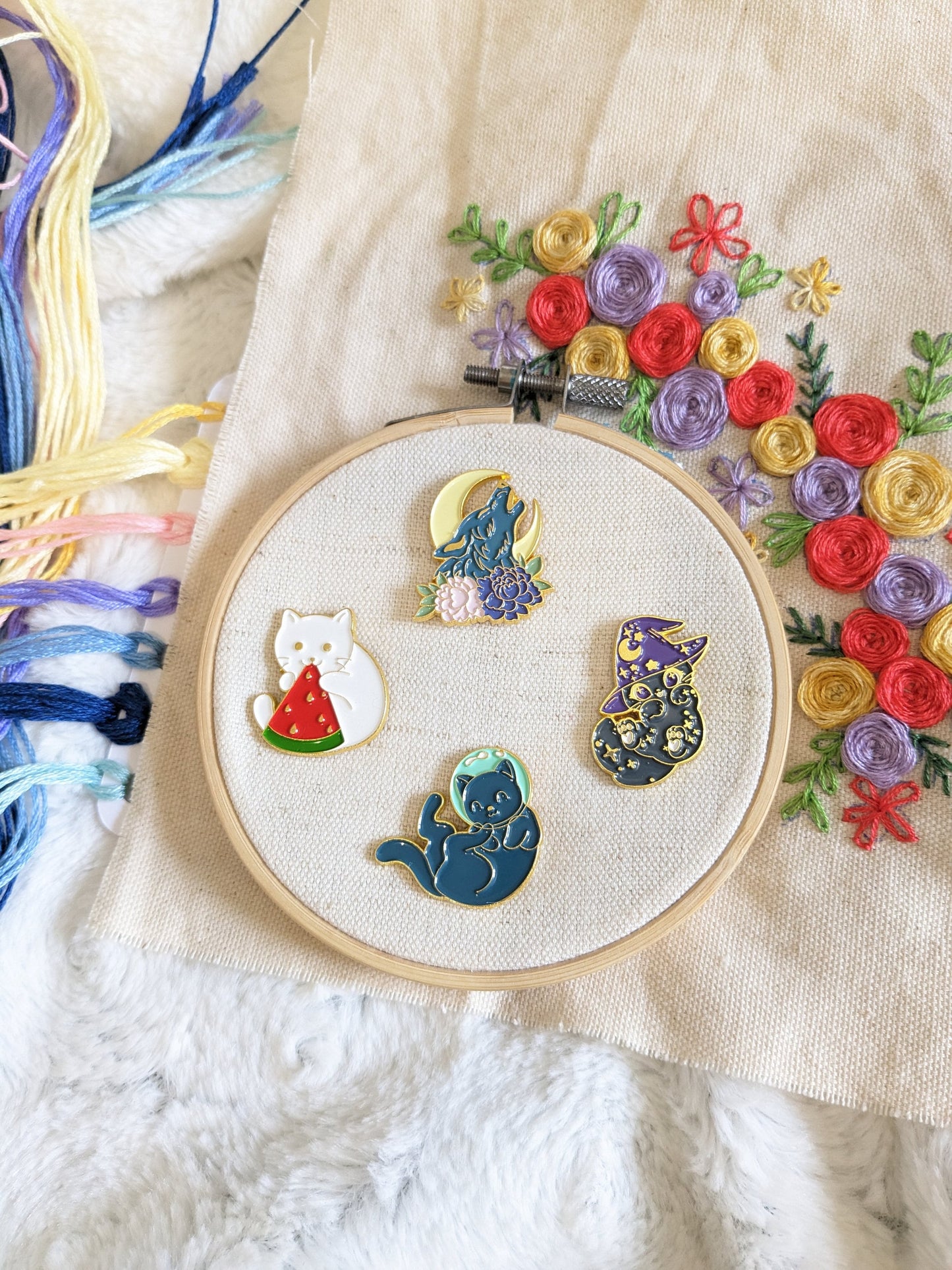 Magnetic needle holder / needle minder "Watermelon cat", "Wizard cat", "Wolf and moon" and "Astronaut cat"