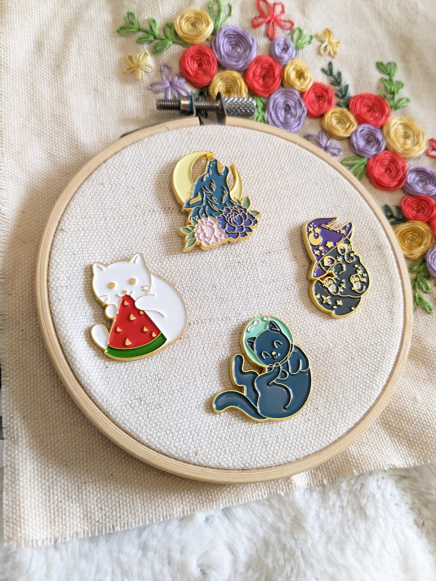 Magnetic needle holder / needle minder "Watermelon cat", "Wizard cat", "Wolf and moon" and "Astronaut cat"