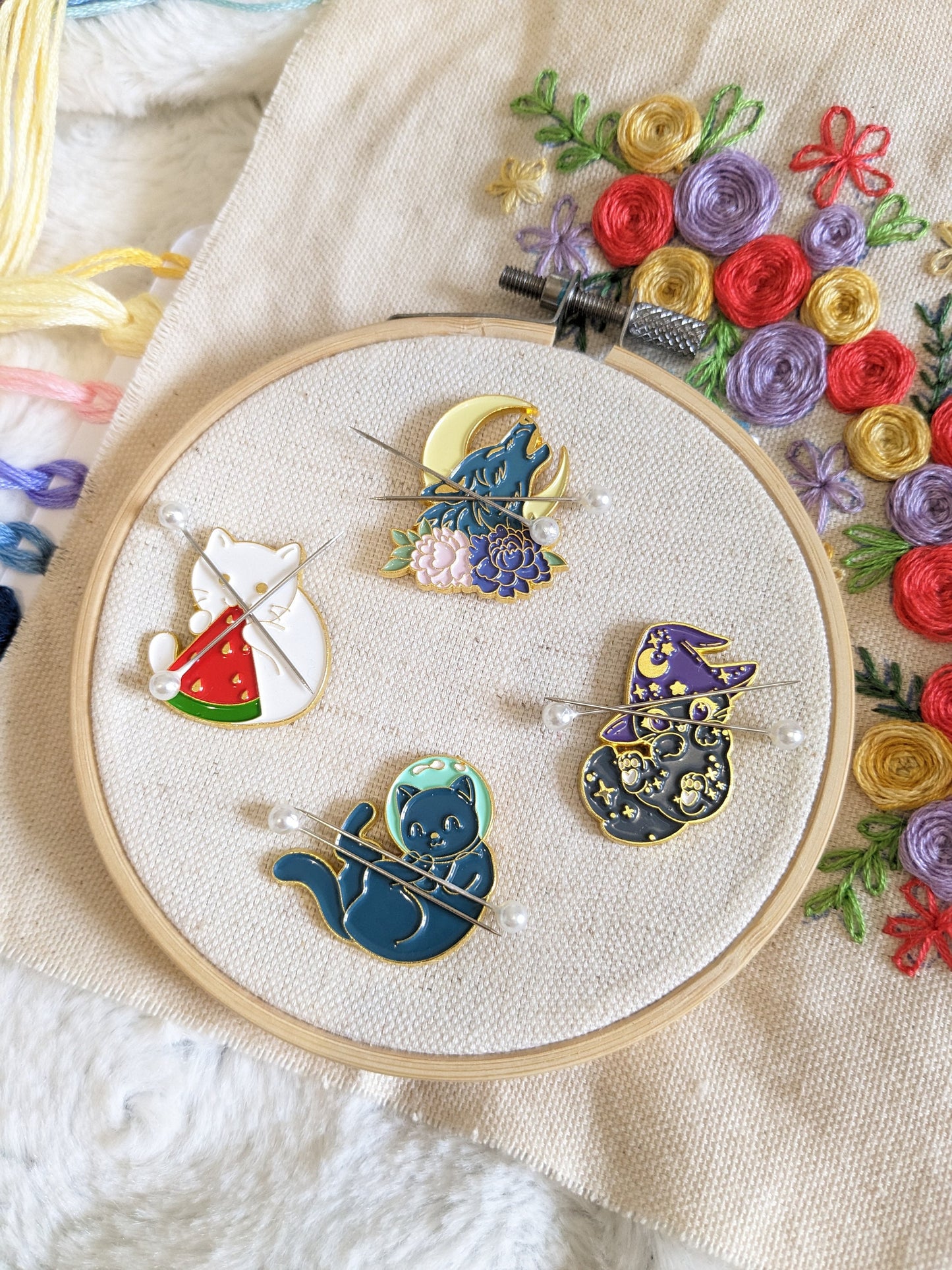 Magnetic needle holder / needle minder "Watermelon cat", "Wizard cat", "Wolf and moon" and "Astronaut cat"