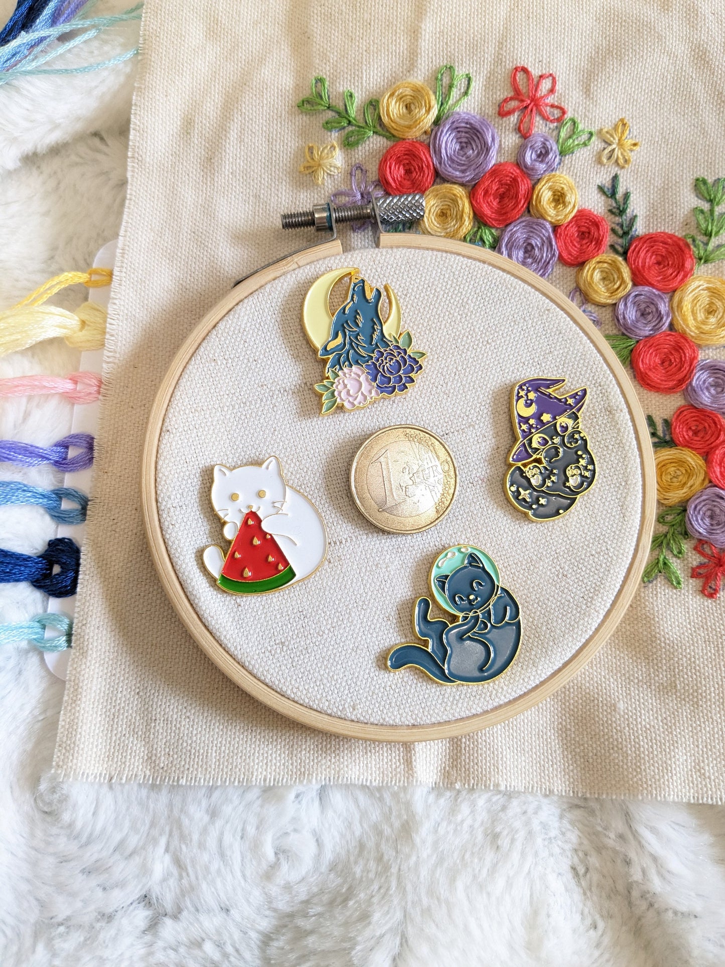 Magnetic needle holder / needle minder "Watermelon cat", "Wizard cat", "Wolf and moon" and "Astronaut cat"
