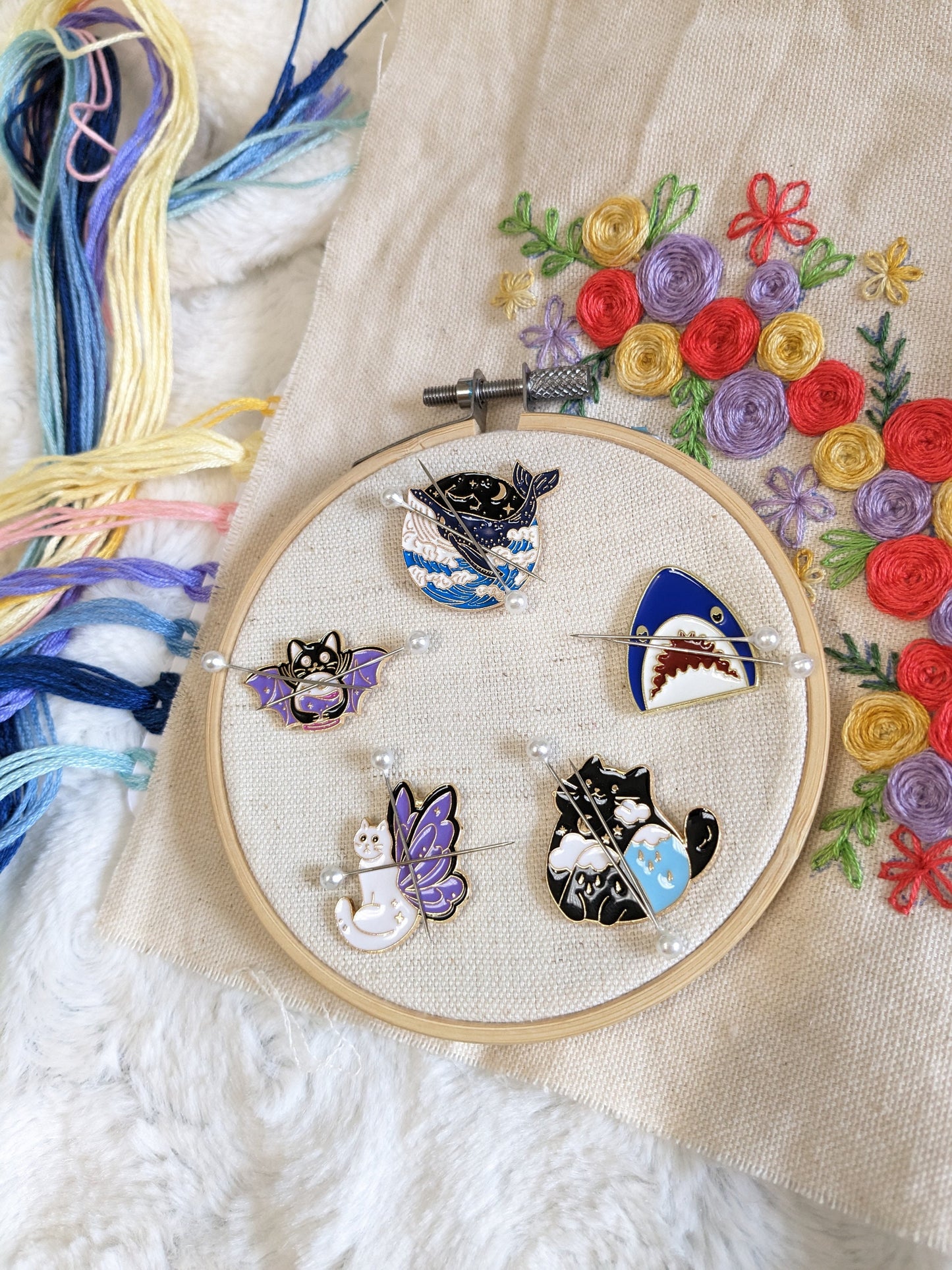 Magnetic needle holder / needle minder "Celestial whale", "Jaws of the sea", "Cloudy cat", "Butterfly cat" or "Bat cat"