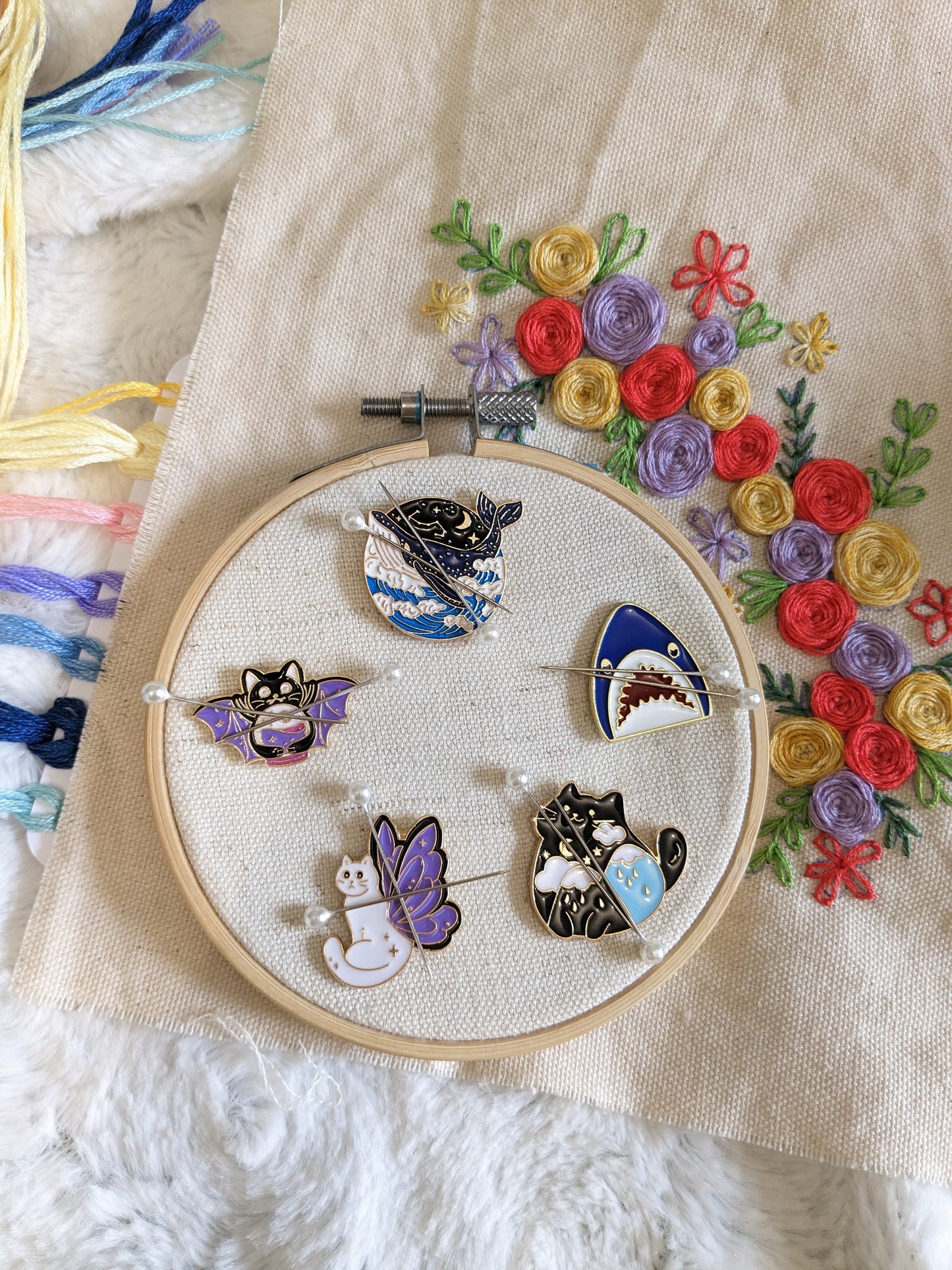 Magnetic needle holder / needle minder "Celestial whale", "Jaws of the sea", "Cloudy cat", "Butterfly cat" or "Bat cat"