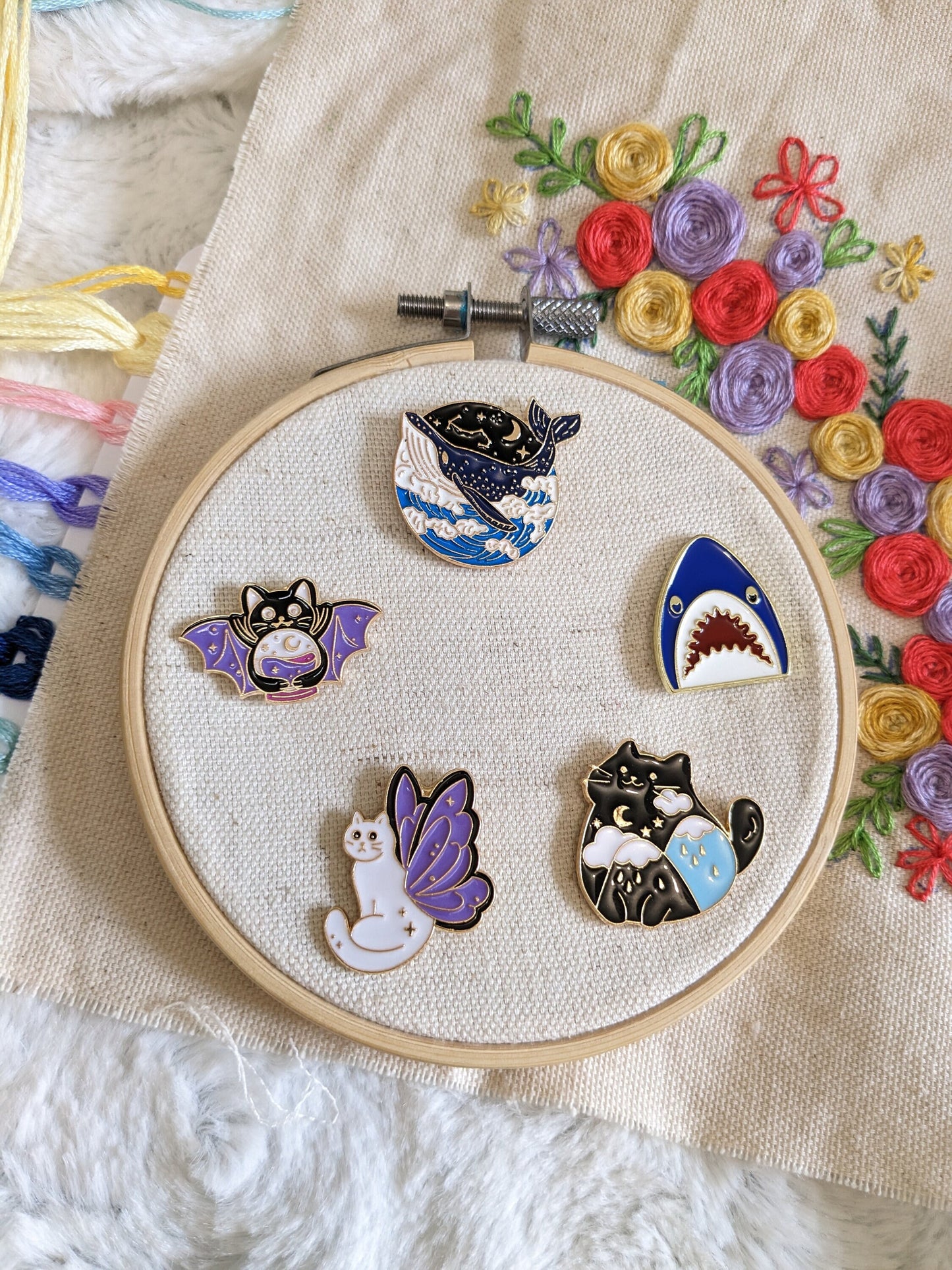 Magnetic needle holder / needle minder "Celestial whale", "Jaws of the sea", "Cloudy cat", "Butterfly cat" or "Bat cat"