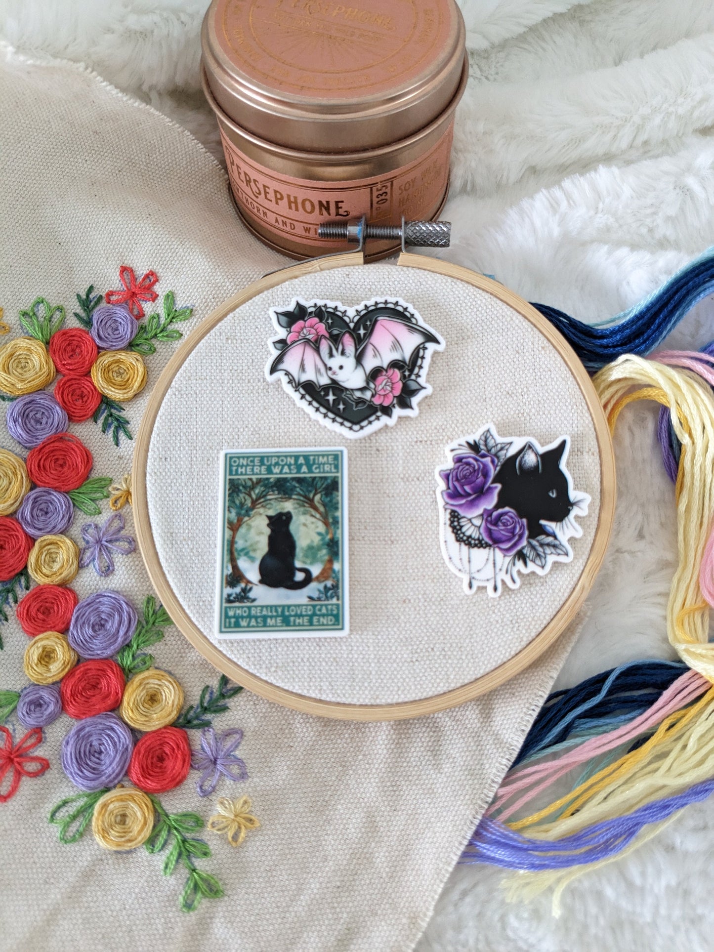 Magnetic needle holder / needle minder "Black cat poster", "Cat and purple flowers" or "Bat"