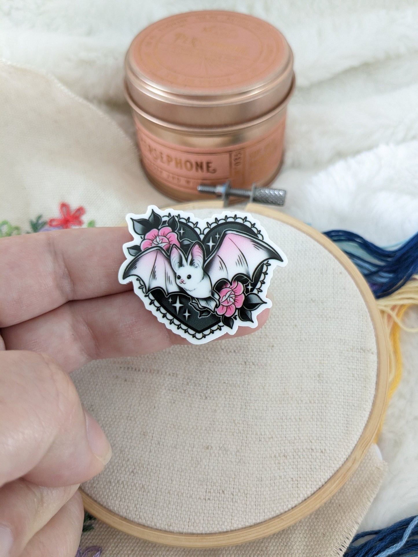 Magnetic needle holder / needle minder "Black cat poster", "Cat and purple flowers" or "Bat"