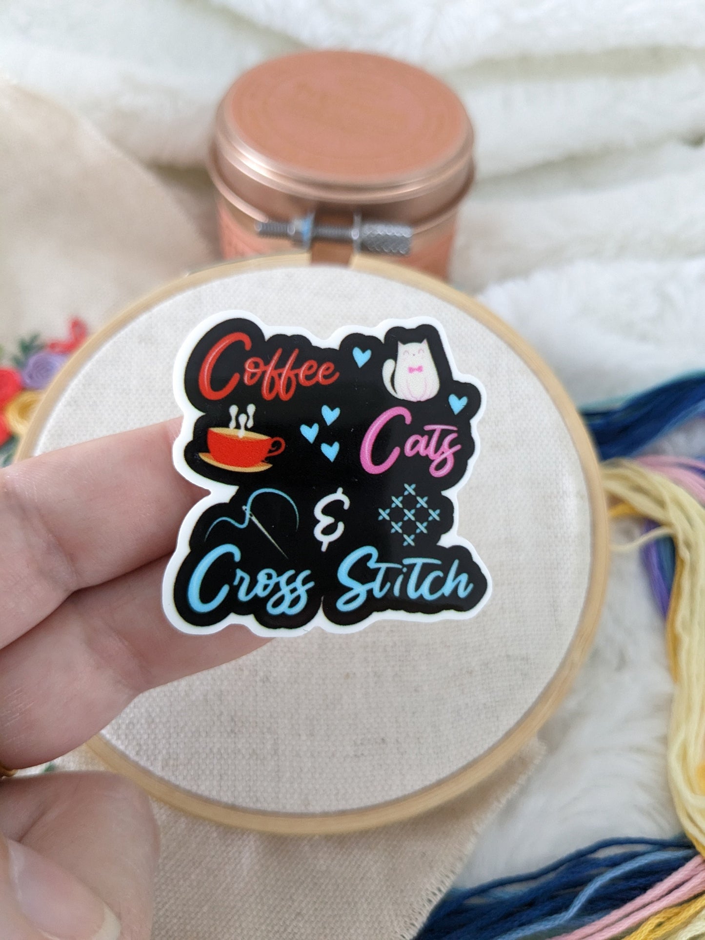 Magnetic needle holder / needle minder "Cup of tea", "Little black cat" or "Chat Café Embroidery"