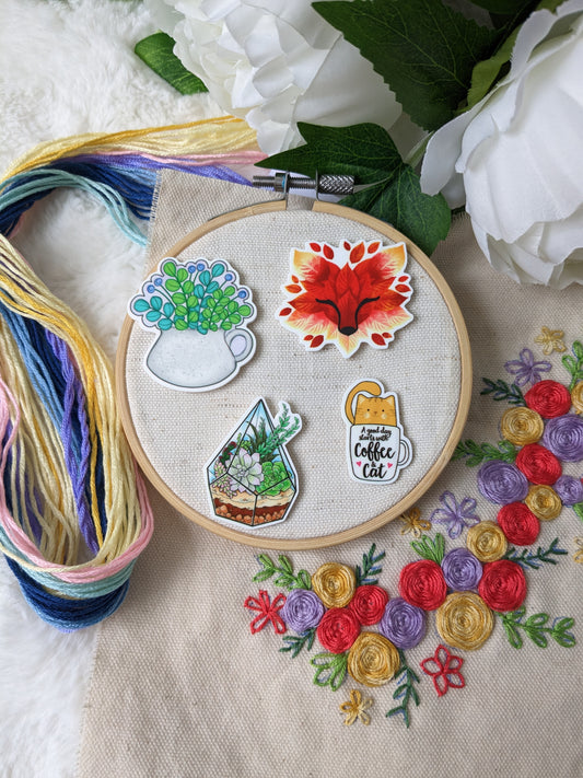 Magnetic needle holder / needle minder "Jug and plants", "Terrarium", "Cat and coffee" or "Leafy fox"